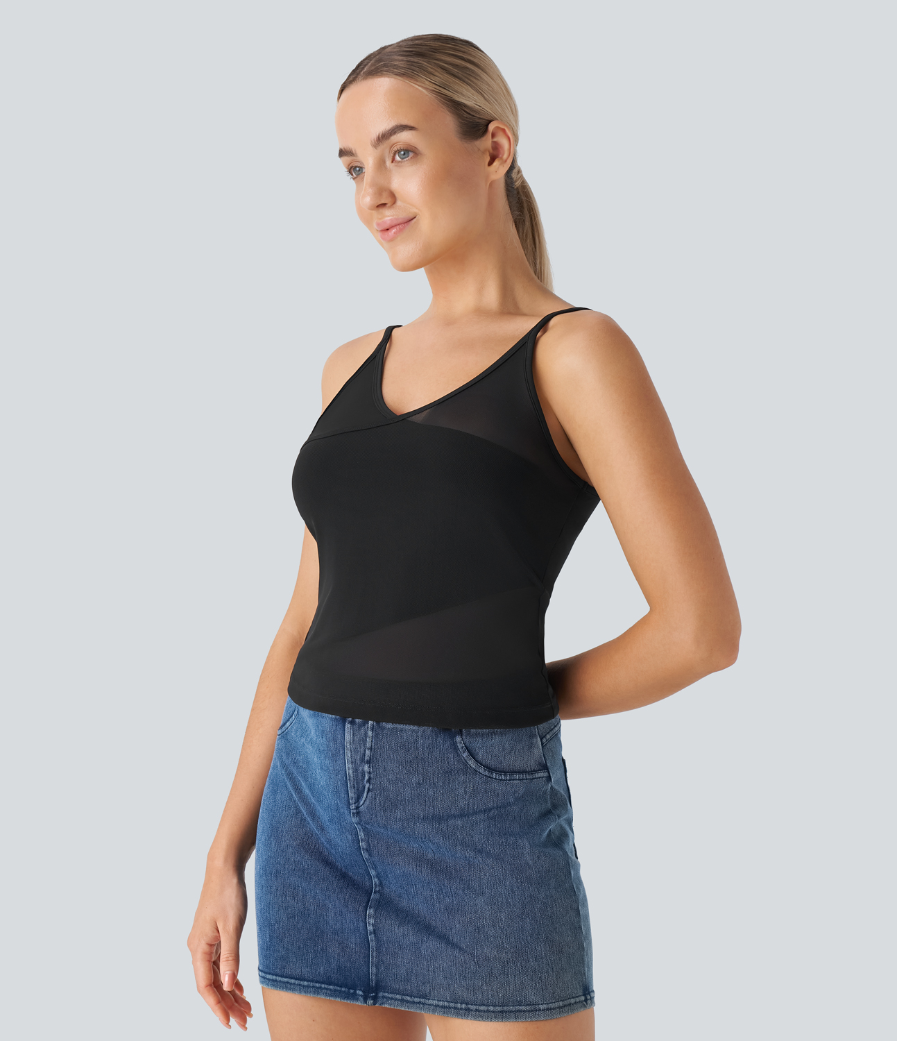 Halara V Neck Backless Contrast Mesh Skinny Casual Cami Top Tank Top - Black - XL golf tops halter top tunic tops sleeveless tops 