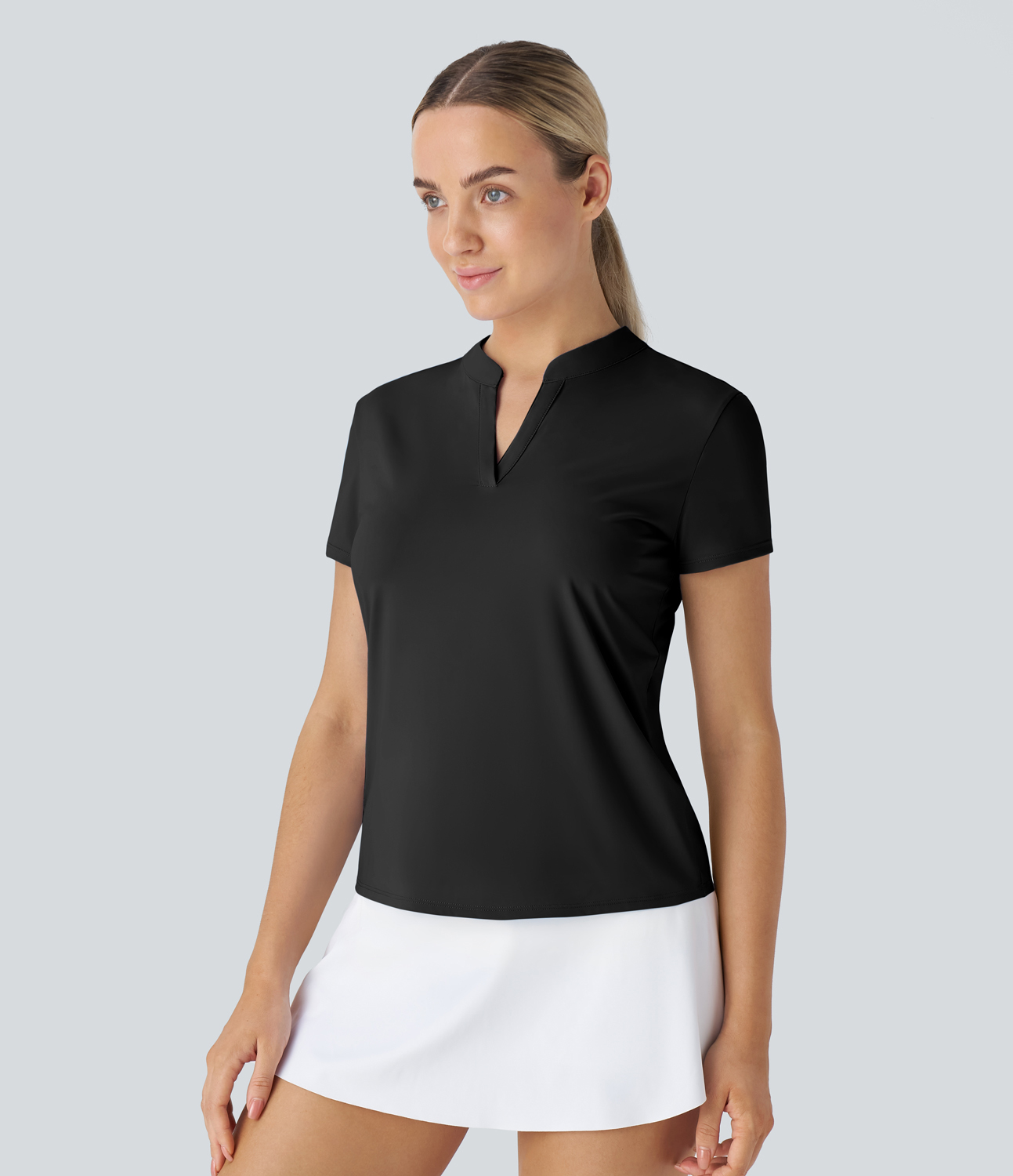 Halara Stand Collar Short Sleeve Cool Touch Tennis Sport Top-UPF50+  - Black - XS 