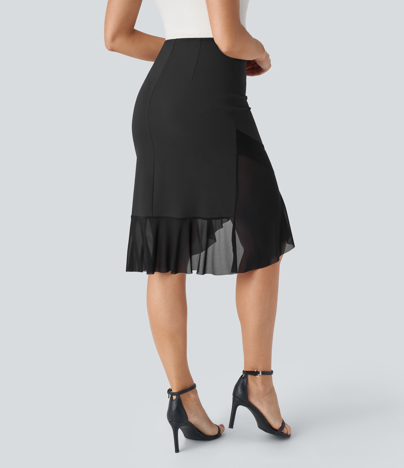 Halara High Waisted Contrast Mesh Ruffle Hem Work Mermaid Skirt  - Black - M(regular) 