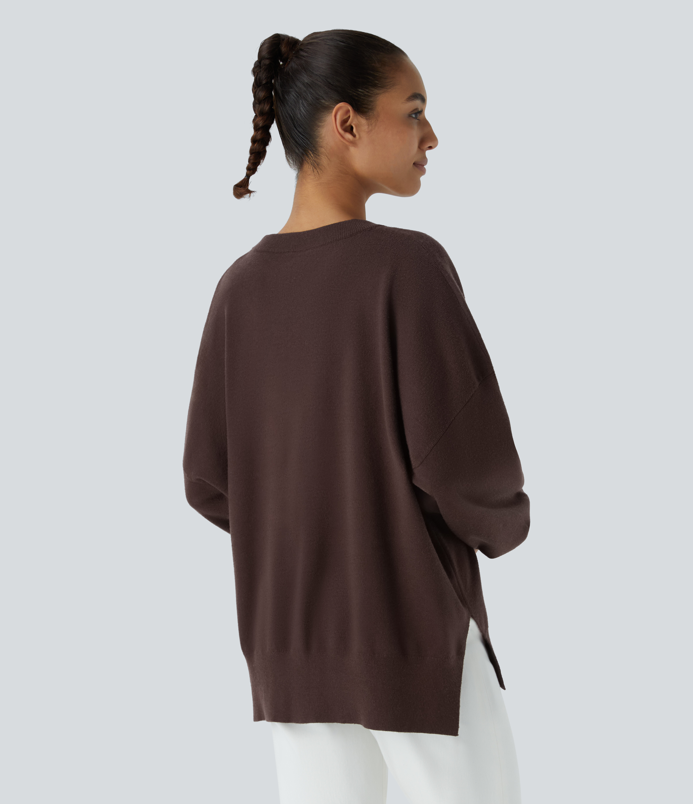 Halara Round Neck Dropped Shoulder Long Sleeve Split Casual Sweater  - Shopping Bag - L 