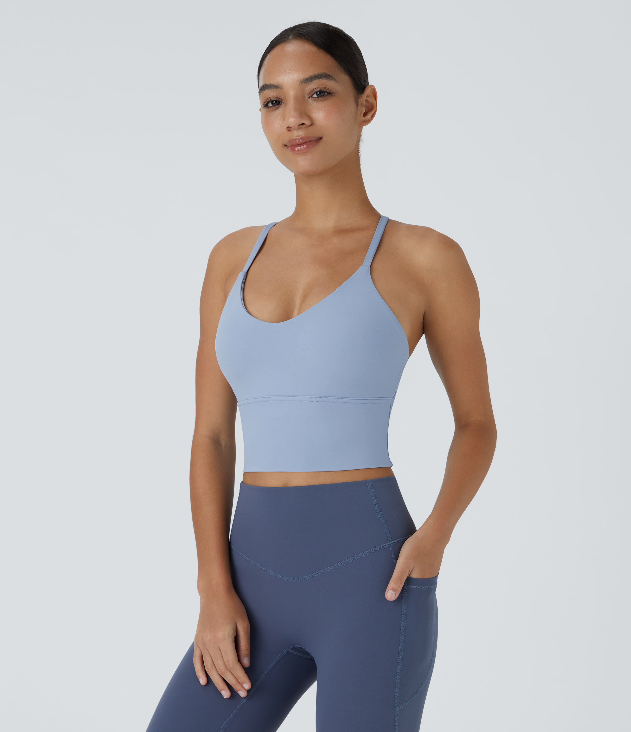 Halara Softlyzeroв„ў Plush Backless Crisscross Cut Out Cropped Tank Top Tank Top - Light Grey Blue - XS golf tops halter top tunic tops 