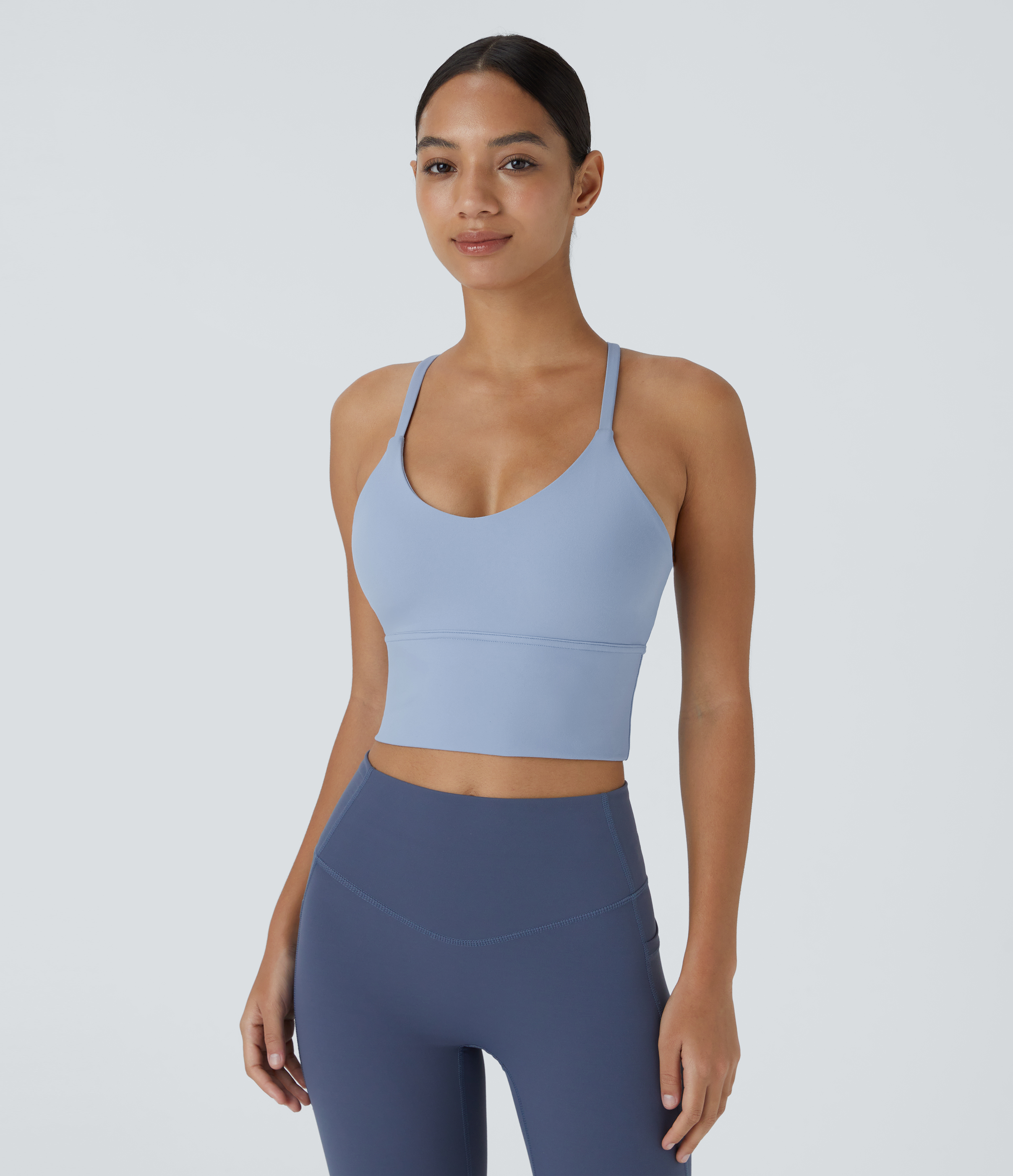 Halara Softlyzeroв„ў Plush Backless Crisscross Cut Out Cropped Tank Top Tank Top - Light Grey Blue - XS golf tops halter top tunic tops 