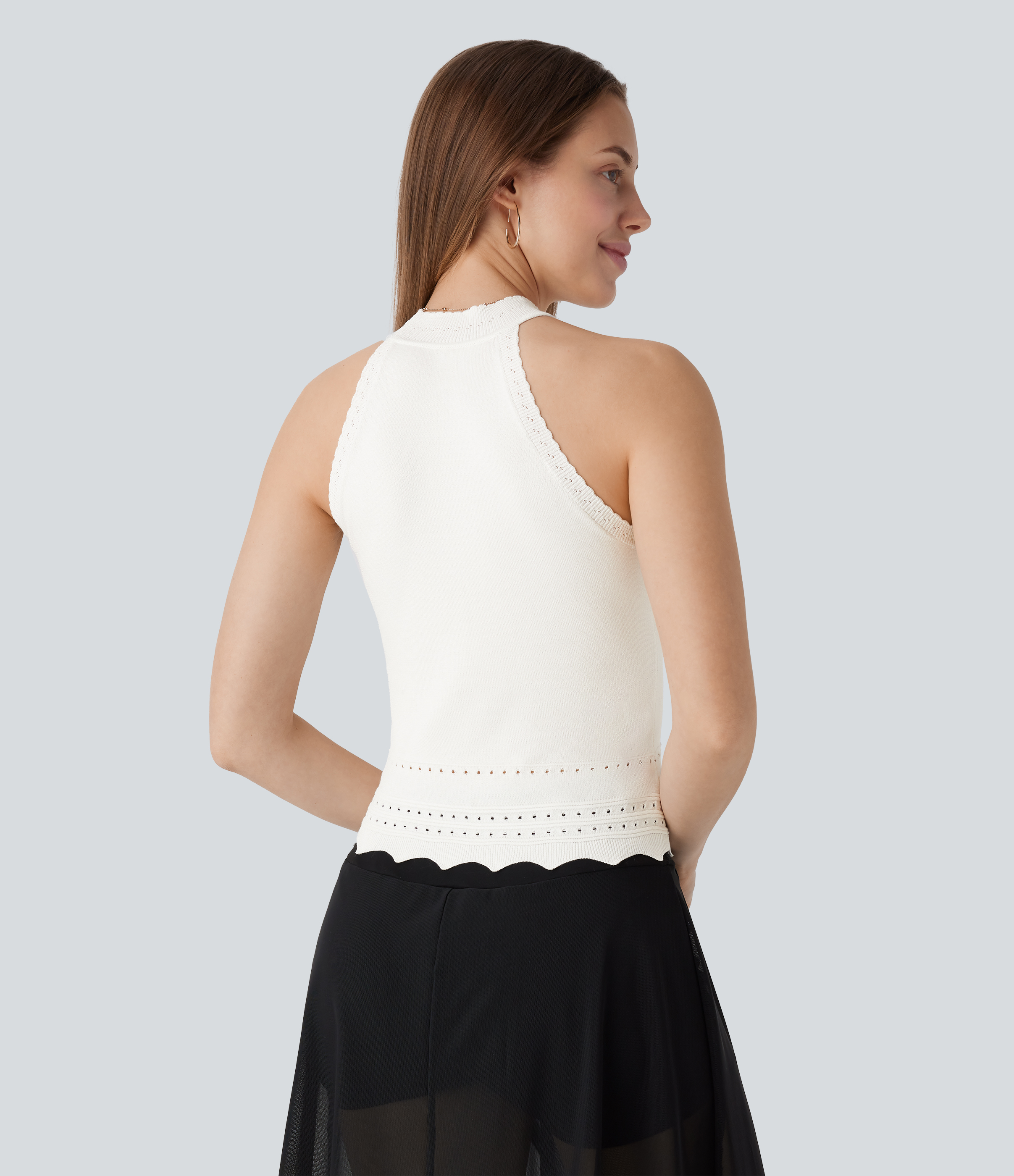Halara Round Neck Cut Out Resort Sweater Tank  - Oak White - M 