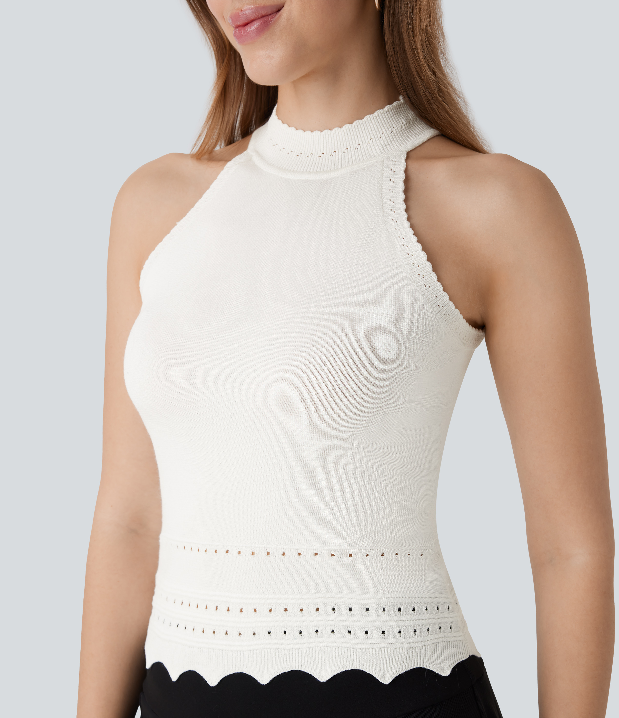Halara Round Neck Cut Out Resort Sweater Tank  - Oak White - M 