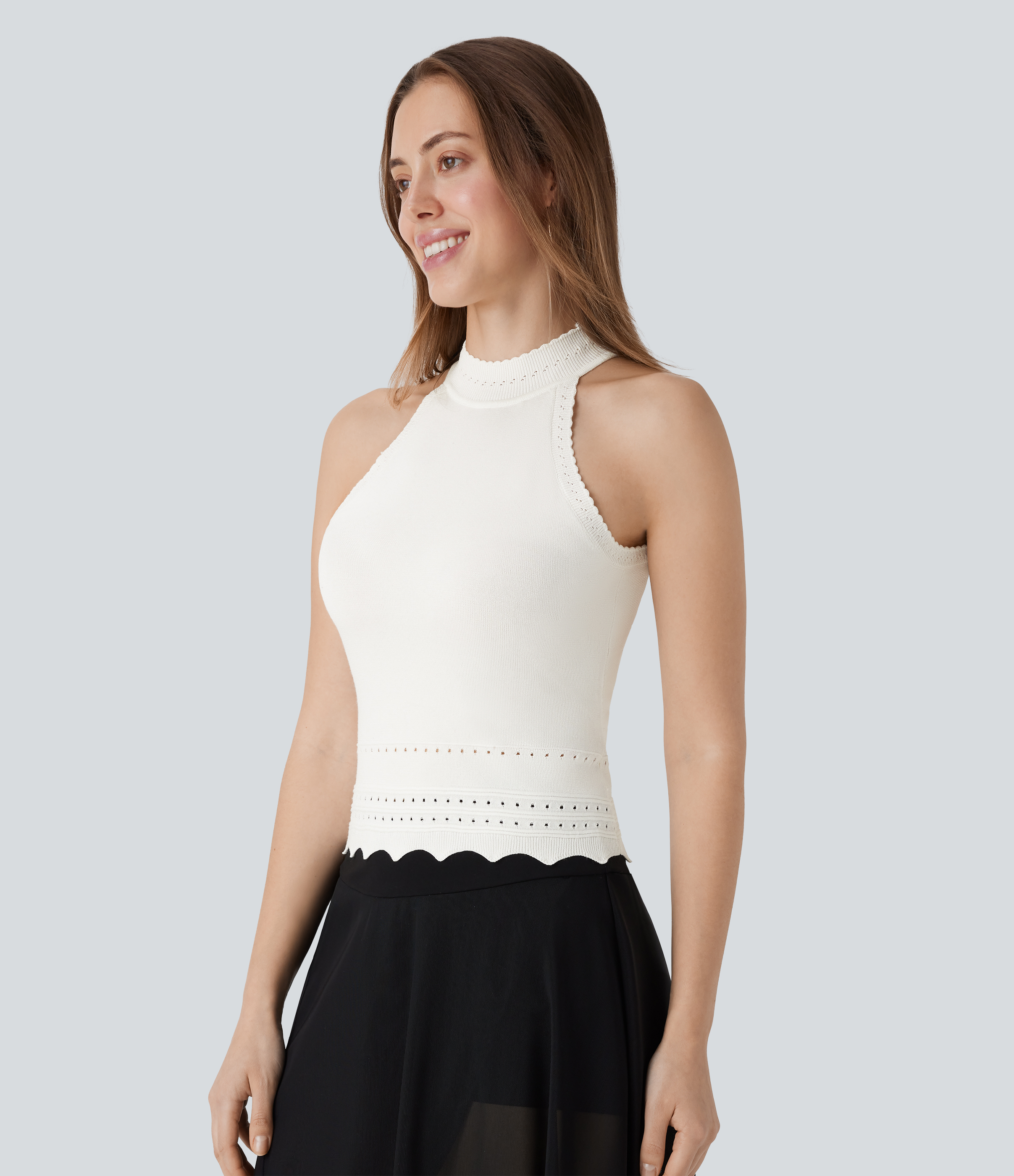 Halara Round Neck Cut Out Resort Sweater Tank  - Oak White - M 