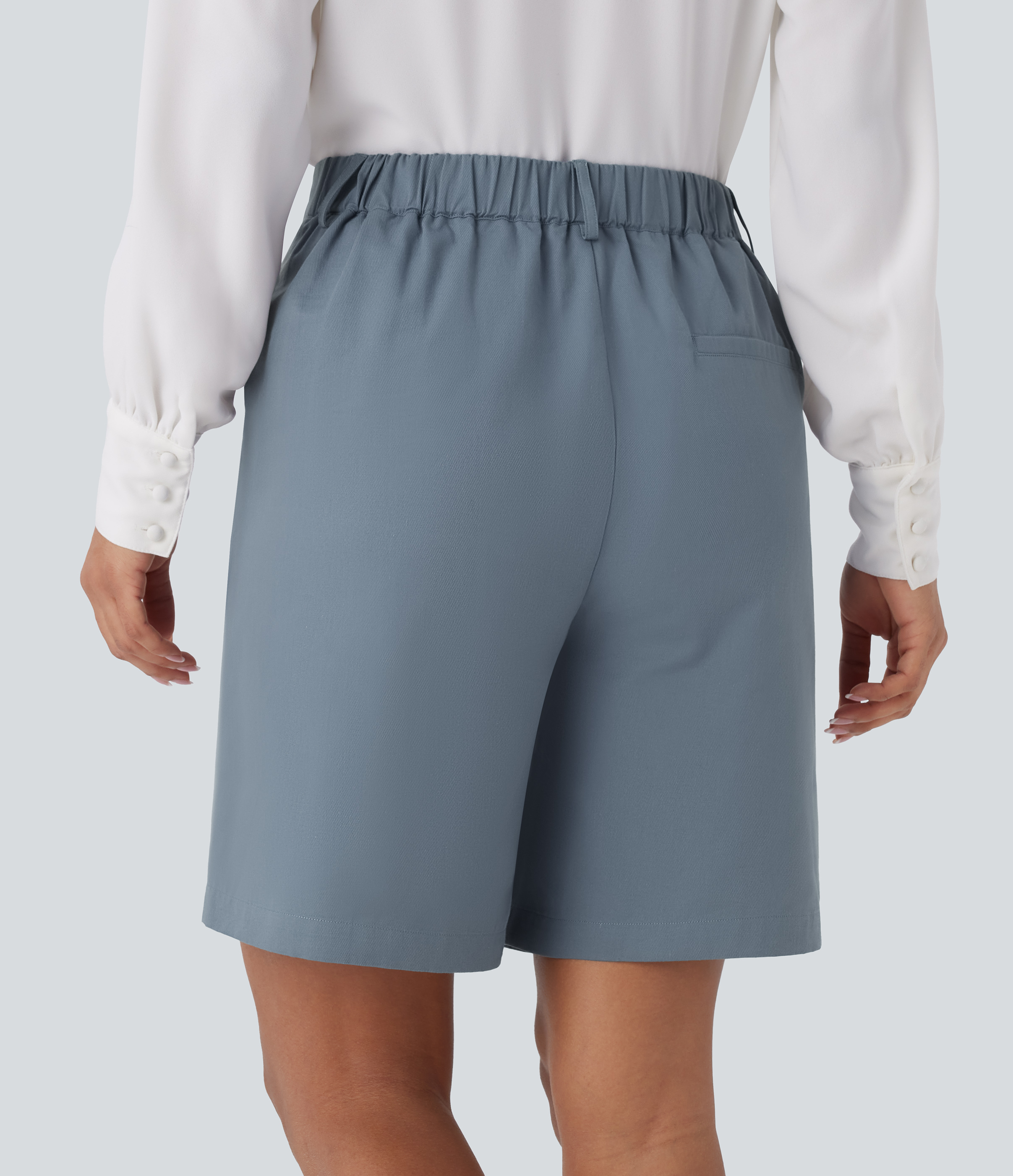 Halara High Waisted Zipper Side Pocket Casual Cotton Bermuda Shorts  - Sea Fog Blue - L booty shorts compression shorts yoga shorts 