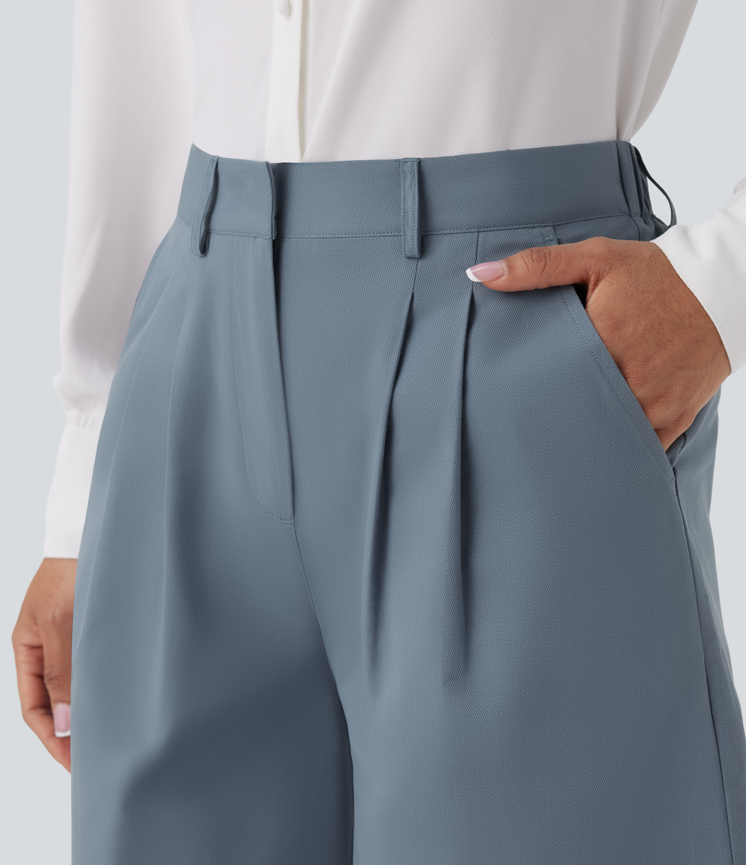 Halara High Waisted Zipper Side Pocket Casual Cotton Bermuda Shorts  - Sea Fog Blue - L booty shorts compression shorts yoga shorts 