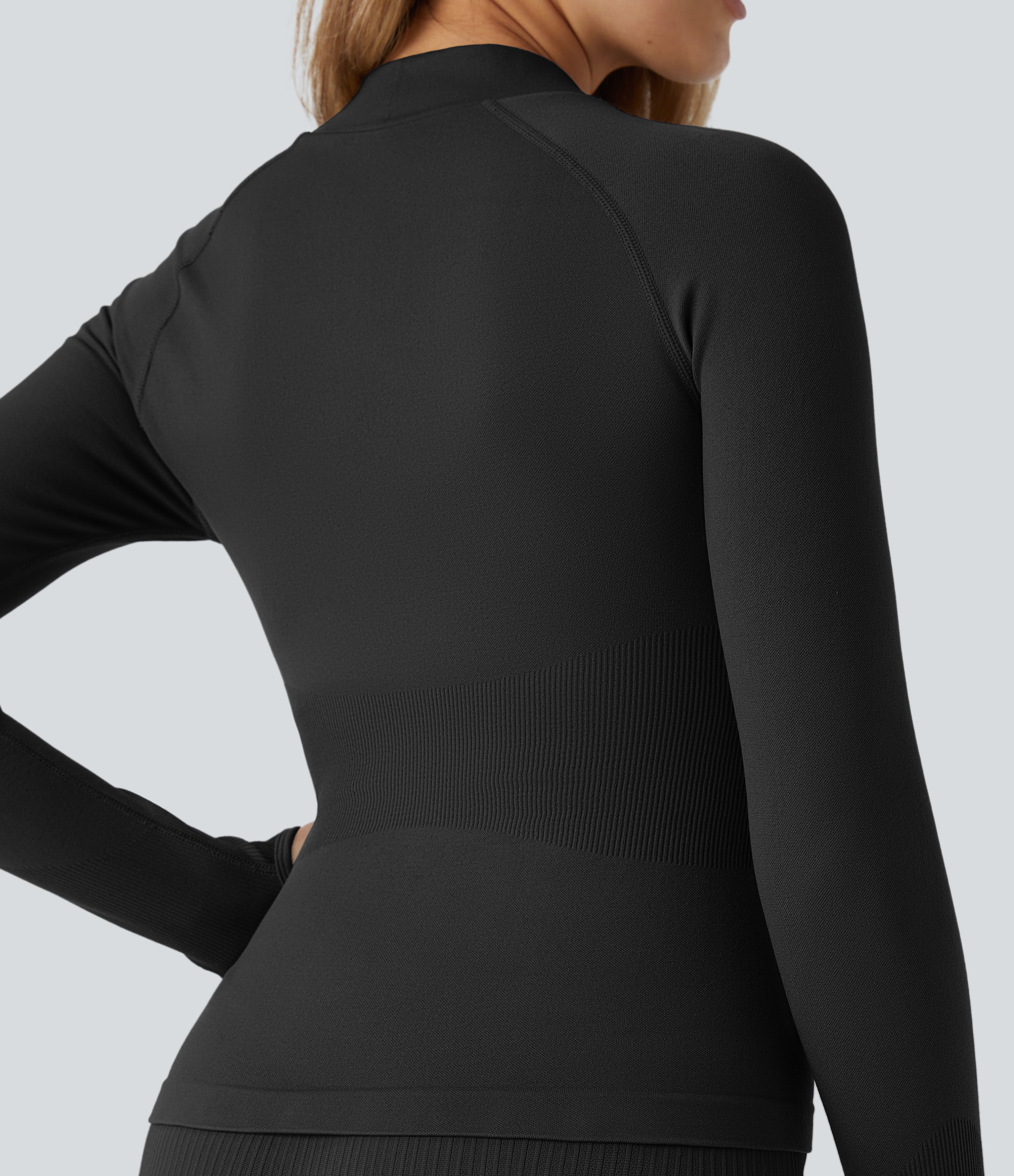 Halara Seamless Flow Stand Collar Raglan Sleeve Thumb Hole Zipper Skinny Yoga Jacket  - Black - S 