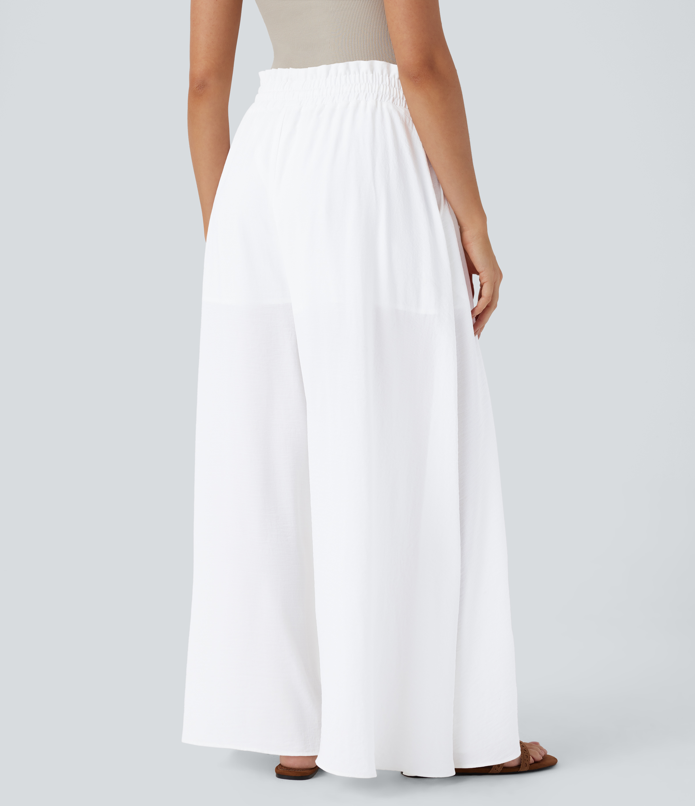 Halara Frill Mid High Waisted Drawstring Side Pocket 2-in-1 Wide Leg Flowy Casual Linen-Feel Pants  - White - XL(regular) sweatpants 