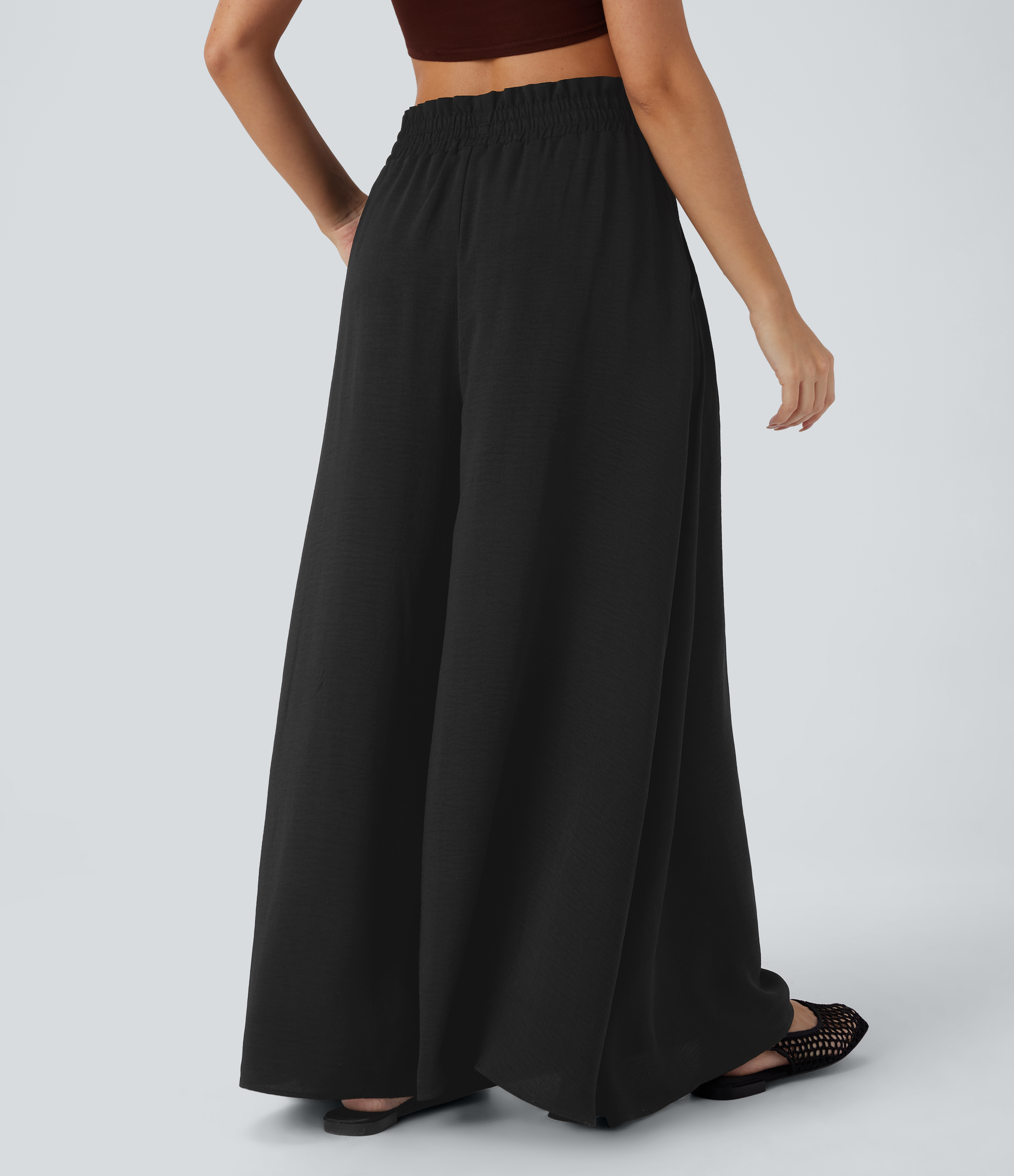 Halara Frill Mid High Waisted Drawstring Side Pocket 2-in-1 Wide Leg Flowy Casual Linen-Feel Pants  - Black - L(regular) sweatpants 