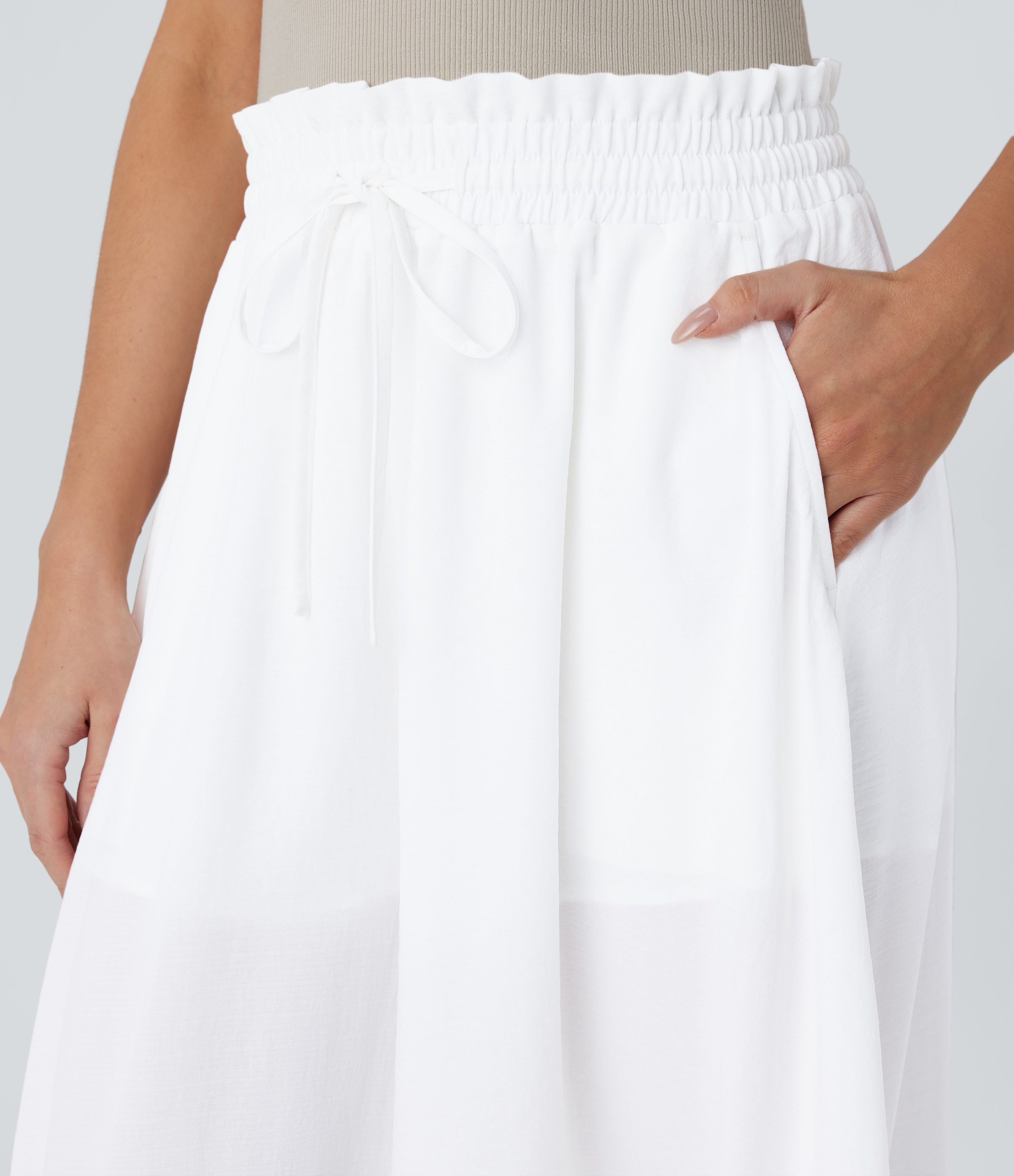 Halara Frill Mid High Waisted Drawstring Side Pocket 2-in-1 Wide Leg Flowy Casual Linen-Feel Pants  - White - XL(regular) sweatpants 