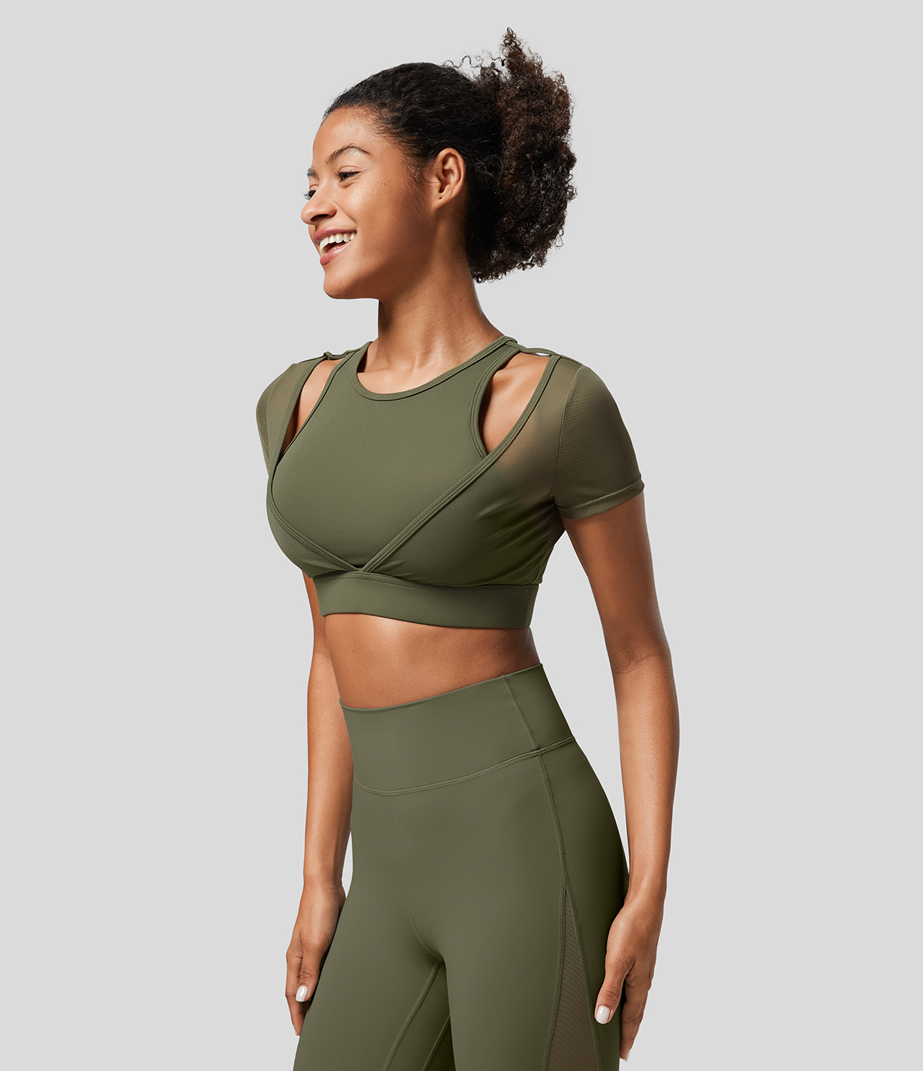 Halara Softlyzeroв„ў Round Neck Cut Out Short Sleeve Contrast Mesh Cropped Workout Sports Top-UPF50+  - Grass Grey Green - XS 