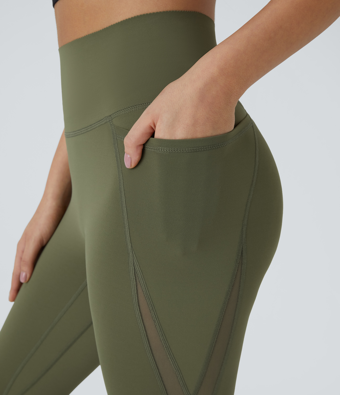 Halara SoCinched High Waisted Antislip Tummy Control Side Pocket Contrast Mesh Quick Dry 7/8 Workout Leggings  - Unripe Olive Green - M(7/8) 