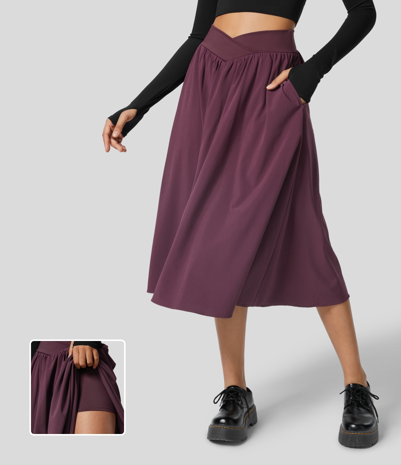 Halara Breezefulв„ў Crossover High Waisted Side Pocket 2-in-1 Midi Quick Dry Casual Flare Skirt  - Amaranth - XS(regular) 