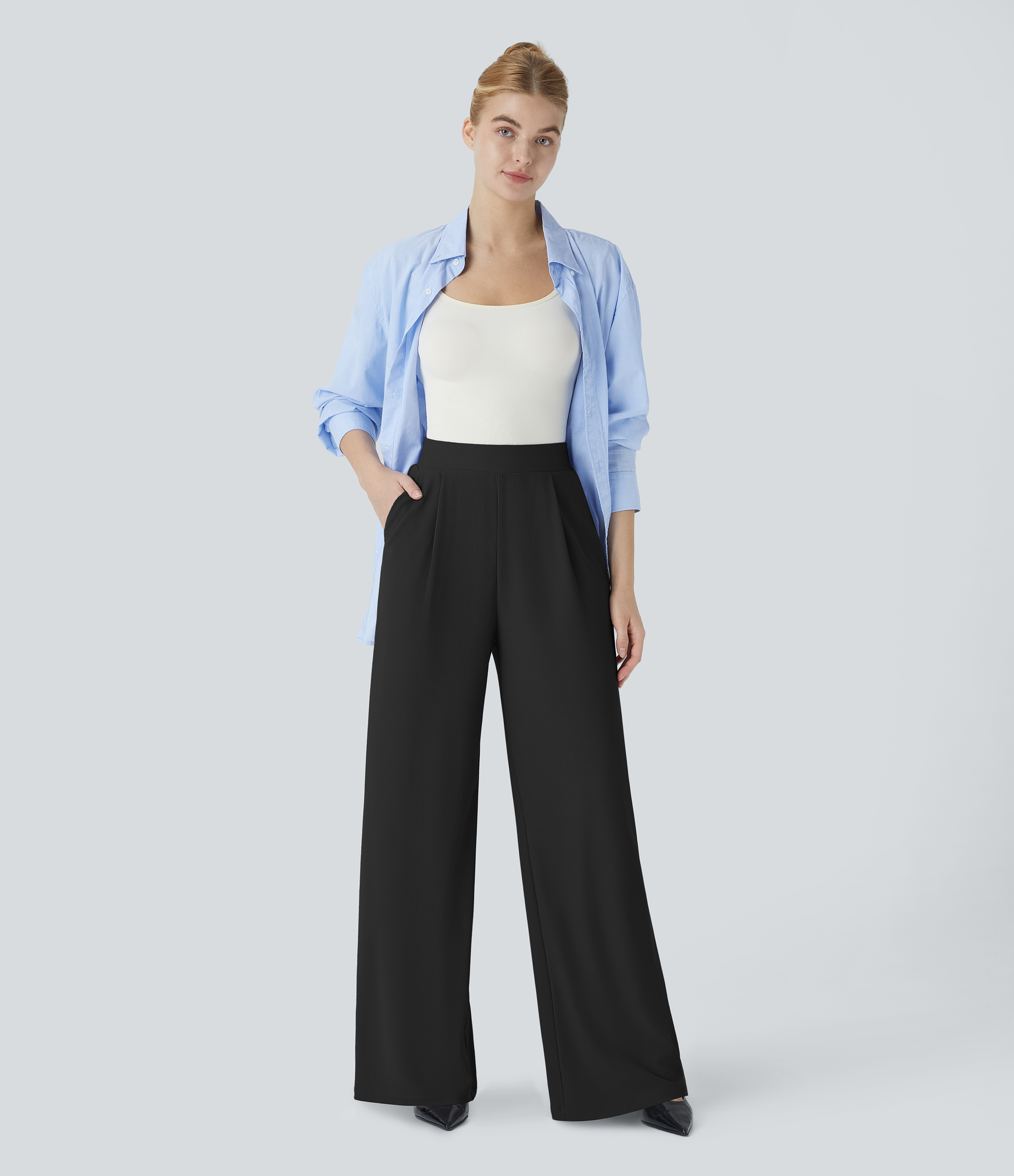 Halara HalaraFlexв„ў High Waisted Body Sculpt Waist-Slimming Side Pocket Wide Leg Micro Waffle Work Pants  - Black - S(regular) sweatpants 