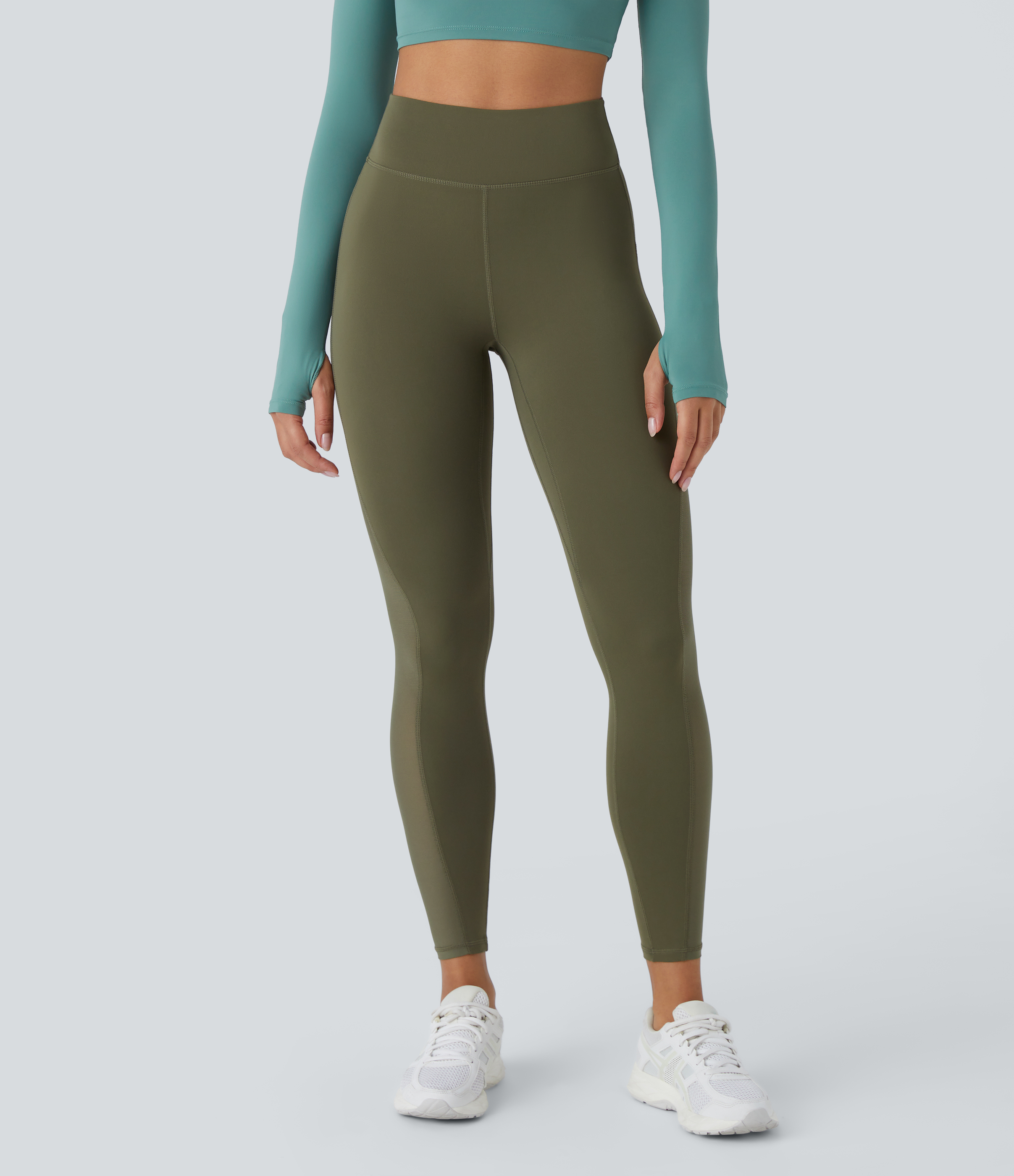 Halara Softlyzeroв„ў High Waisted Inside Pocket Contrast Mesh 7/8 Yoga Leggings  - Grass Grey Green - XS(7/8) gym leggings 