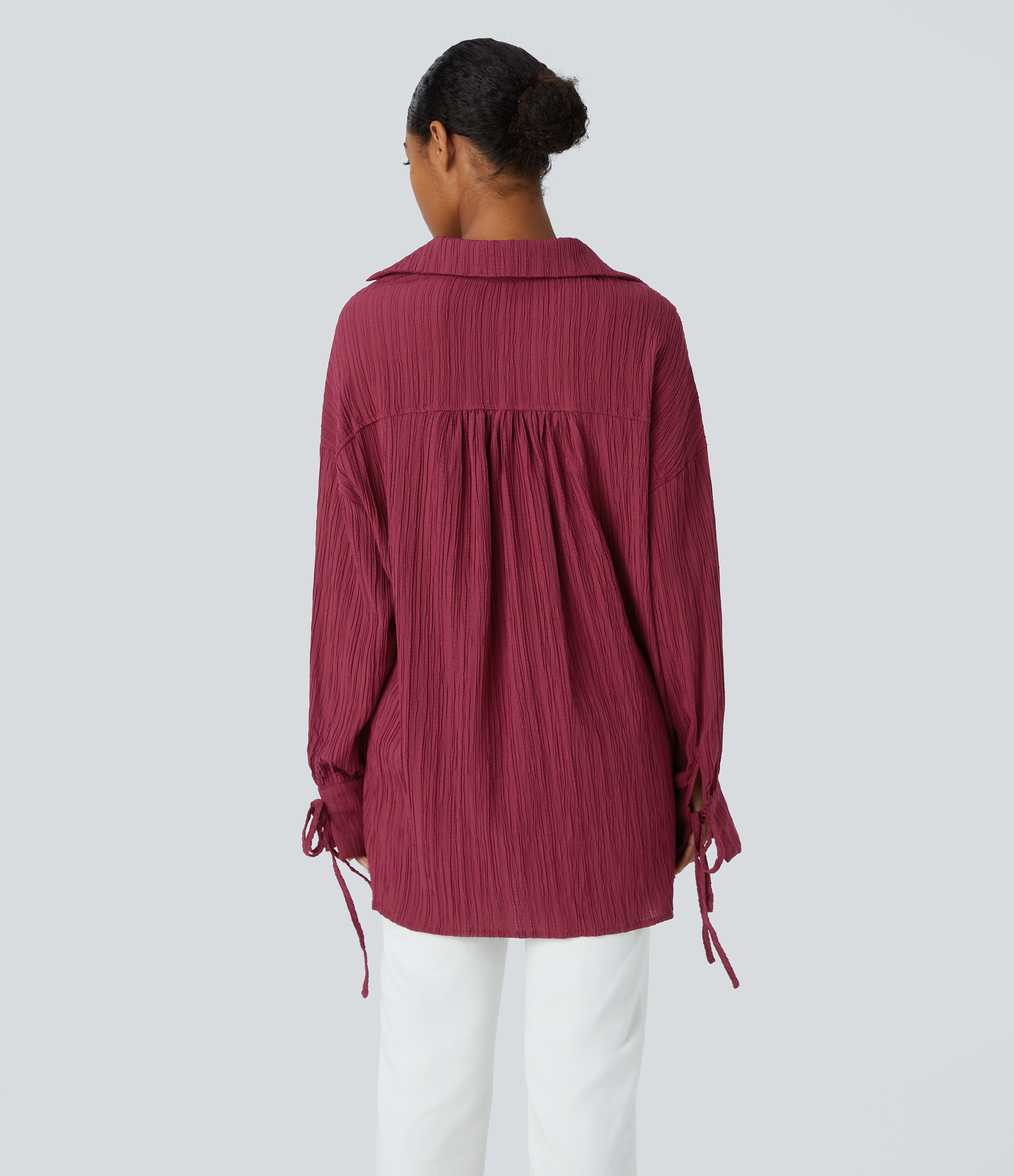 Halara Collared Knot Cuff Plicated Back Button Front Oversize Casual Shirt  - Syrah - XL 