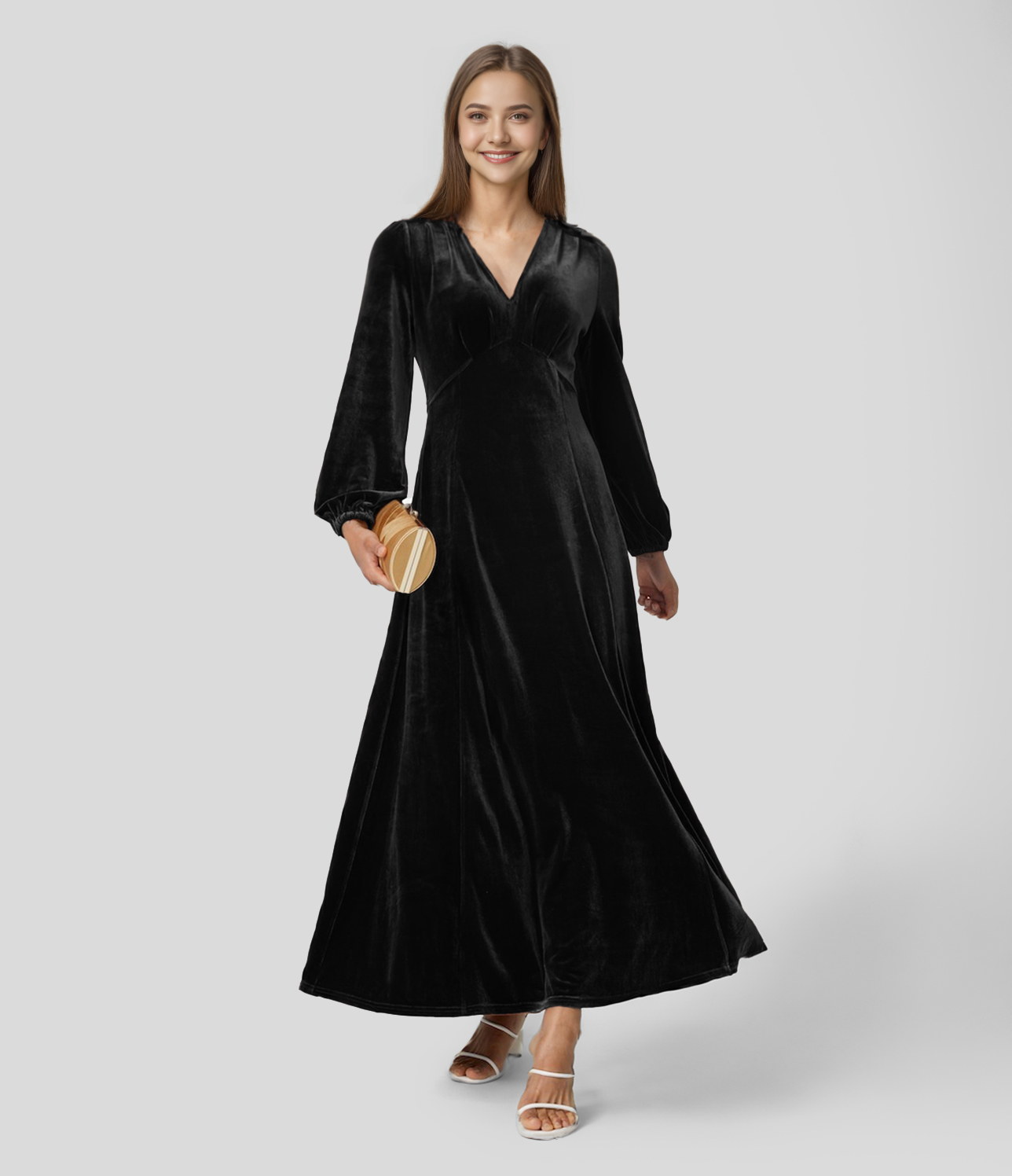 

Halara V Neck Plicated Puff Sleeve Velvet Maxi Party Dress Casual Dress - Black -  slip dress beach dress ruched dress halter dress