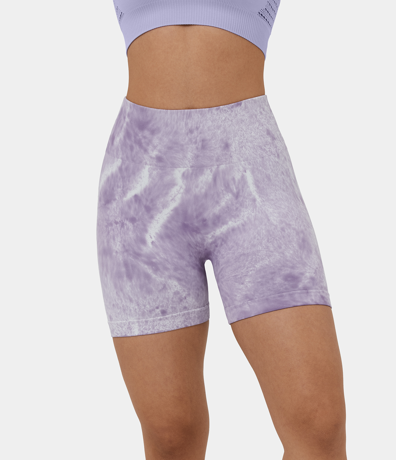 Halara Seamless Flow High Waisted Ruched Tie Dye Yoga Biker Shorts 5``  - Tie-dye Lilac Purple - M biker shorts women black biker shorts 
