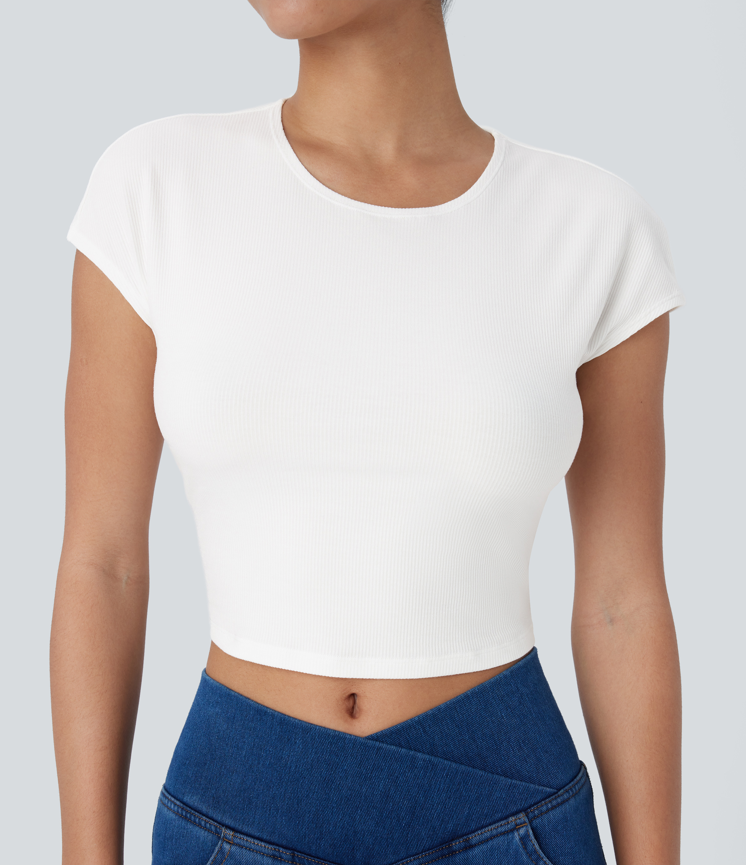 Halara Ribbed Knit Round Neck Short Sleeve Cropped Casual Top Tank Top - White - XS golf tops halter top tunic tops sleeveless tops 