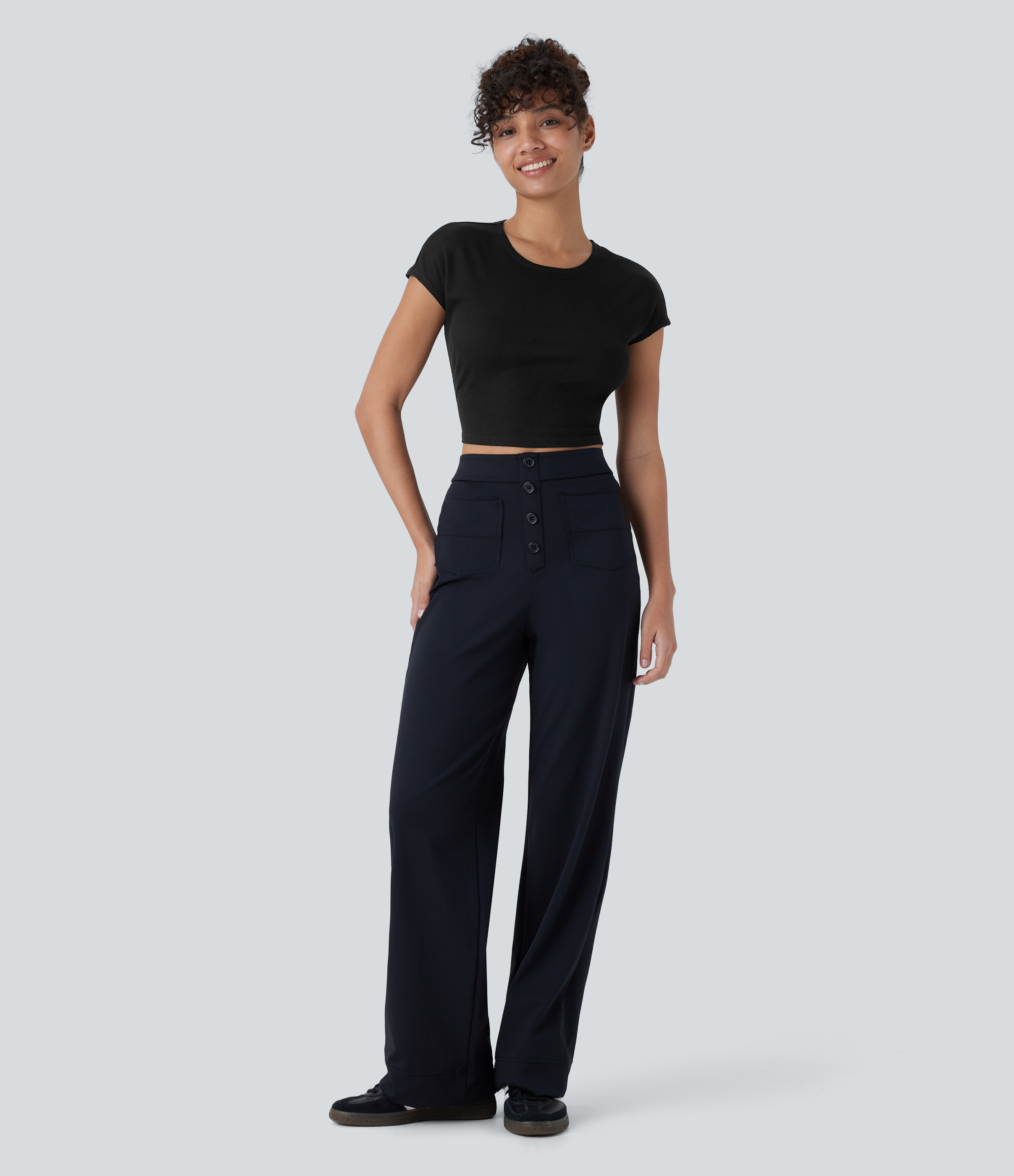 Halara Ribbed Knit Round Neck Short Sleeve Cropped Casual Top Tank Top - Black - L golf tops halter top tunic tops sleeveless tops 