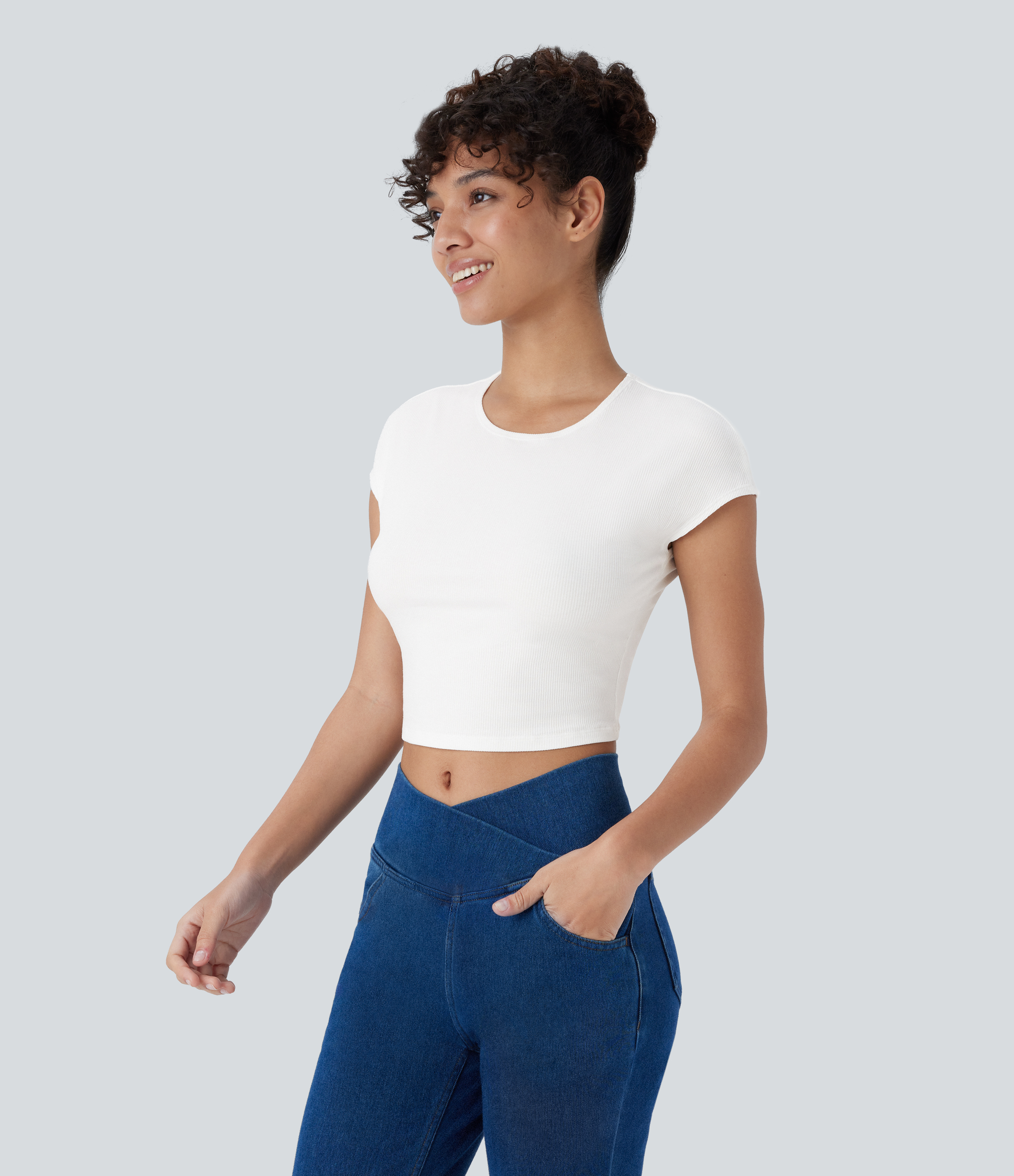 Halara Ribbed Knit Round Neck Short Sleeve Cropped Casual Top Tank Top - White - XS golf tops halter top tunic tops sleeveless tops 
