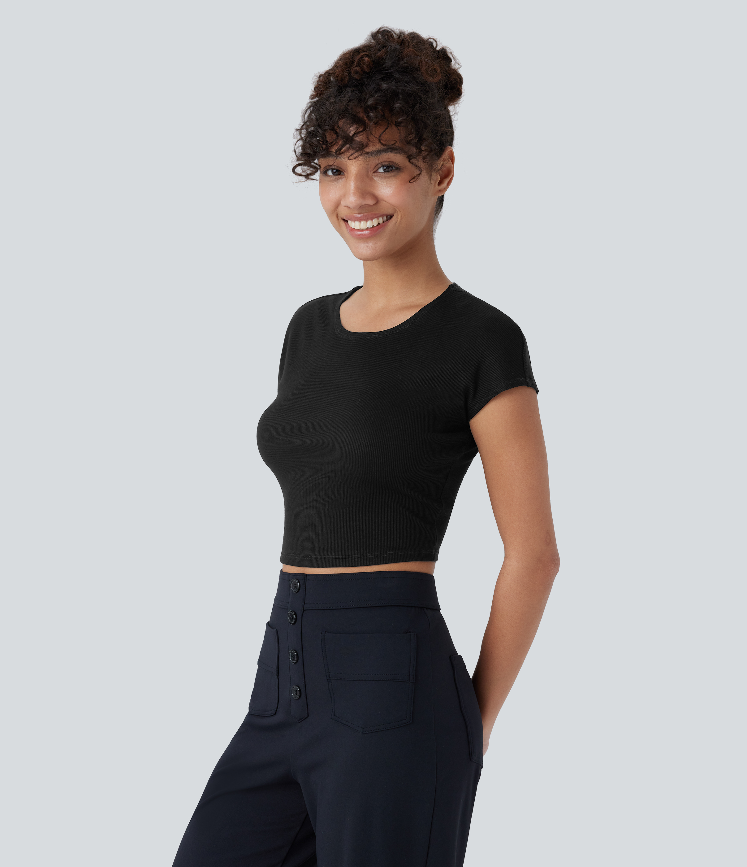 Halara Ribbed Knit Round Neck Short Sleeve Cropped Casual Top Tank Top - Black - L golf tops halter top tunic tops sleeveless tops 
