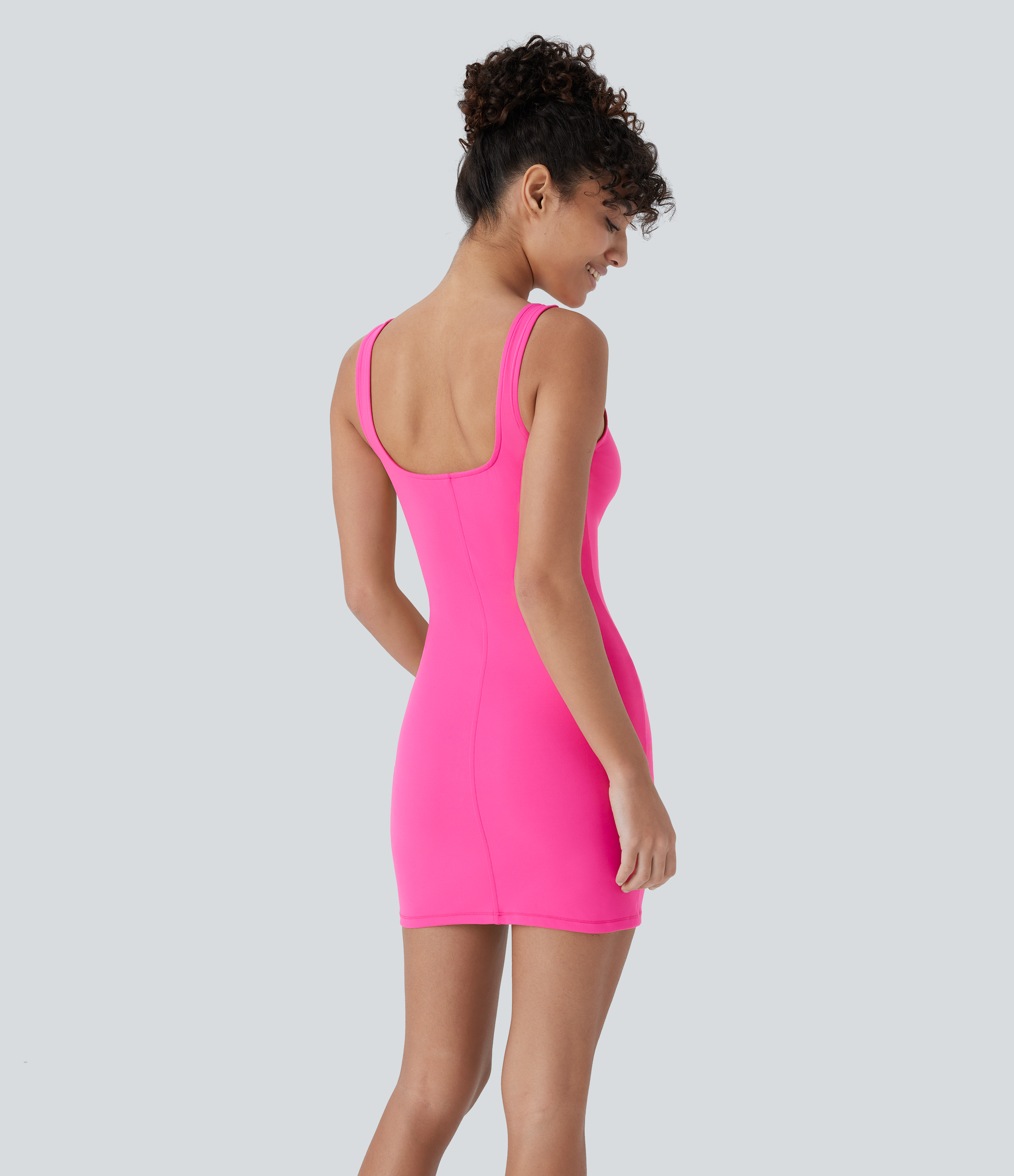 Halara HaloTek Airв„ў Square Neck Backless Bodycon Mini Dance Tank Dress Workout Dress - Raspberry Rose - L 