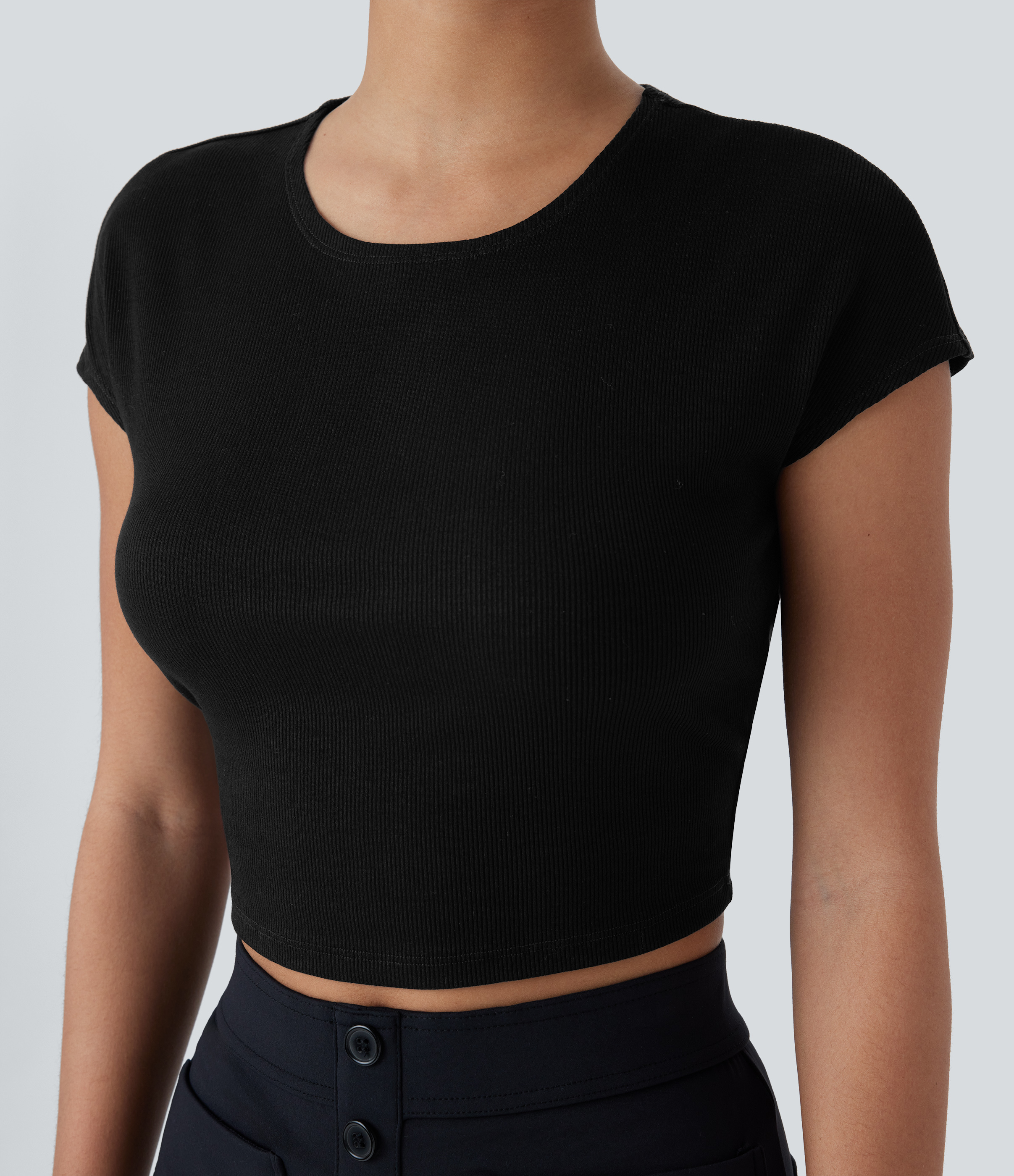 Halara Ribbed Knit Round Neck Short Sleeve Cropped Casual Top Tank Top - Black - L golf tops halter top tunic tops sleeveless tops 