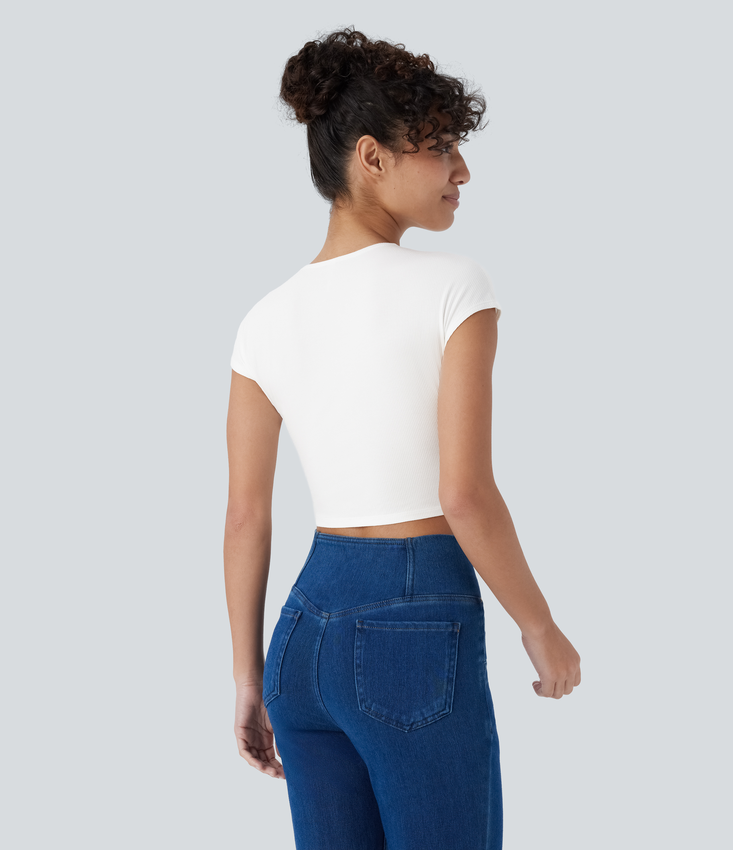 Halara Ribbed Knit Round Neck Short Sleeve Cropped Casual Top Tank Top - White - XS golf tops halter top tunic tops sleeveless tops 