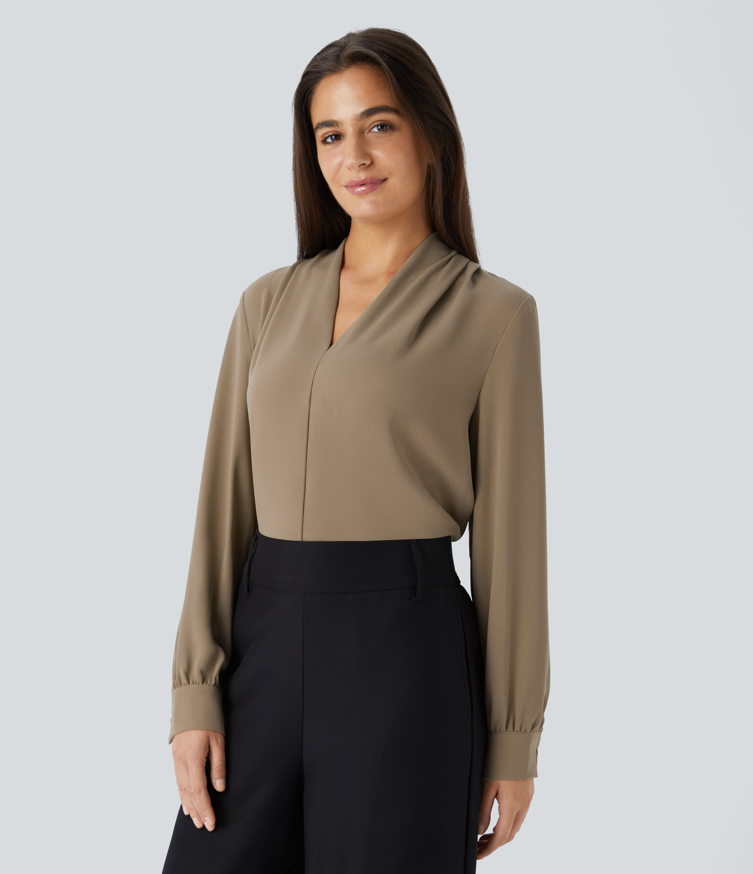 Halara V Neck Long Sleeve Work Blouse  - Petrified Oak - M 