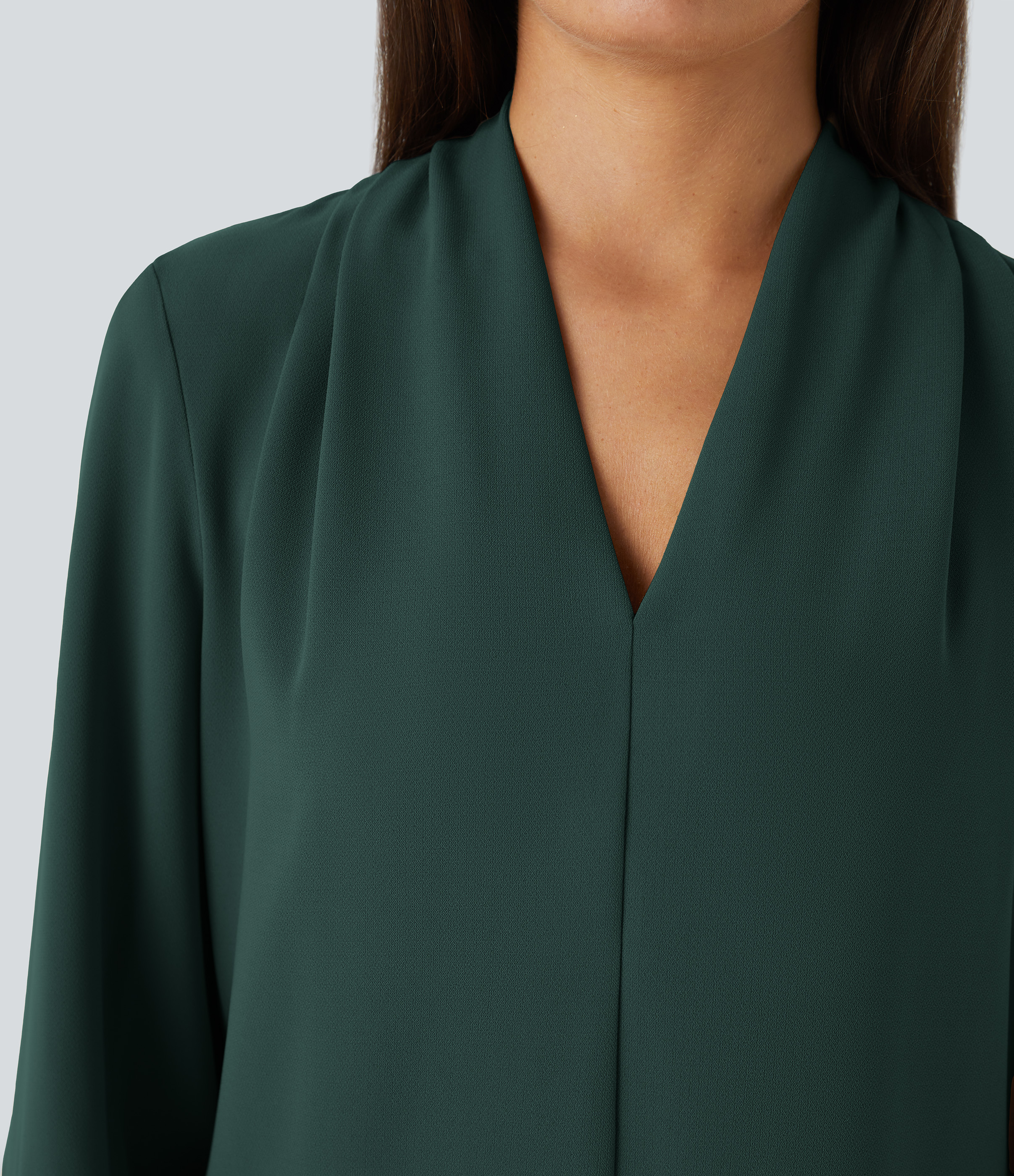 Halara V Neck Long Sleeve Work Blouse  - Karst Green - S 