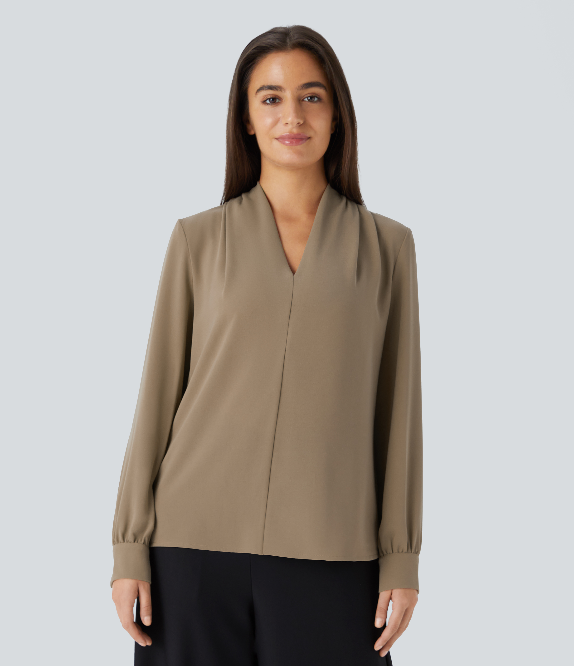 Halara V Neck Long Sleeve Work Blouse  - Petrified Oak - M 