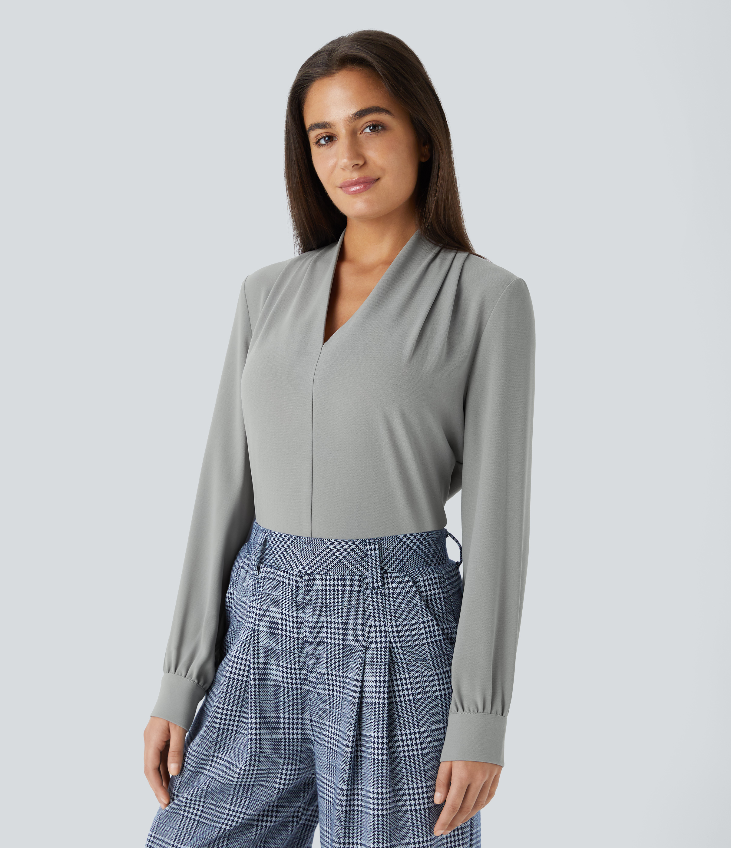 Halara V Neck Long Sleeve Work Blouse  - Mist Grey - S 