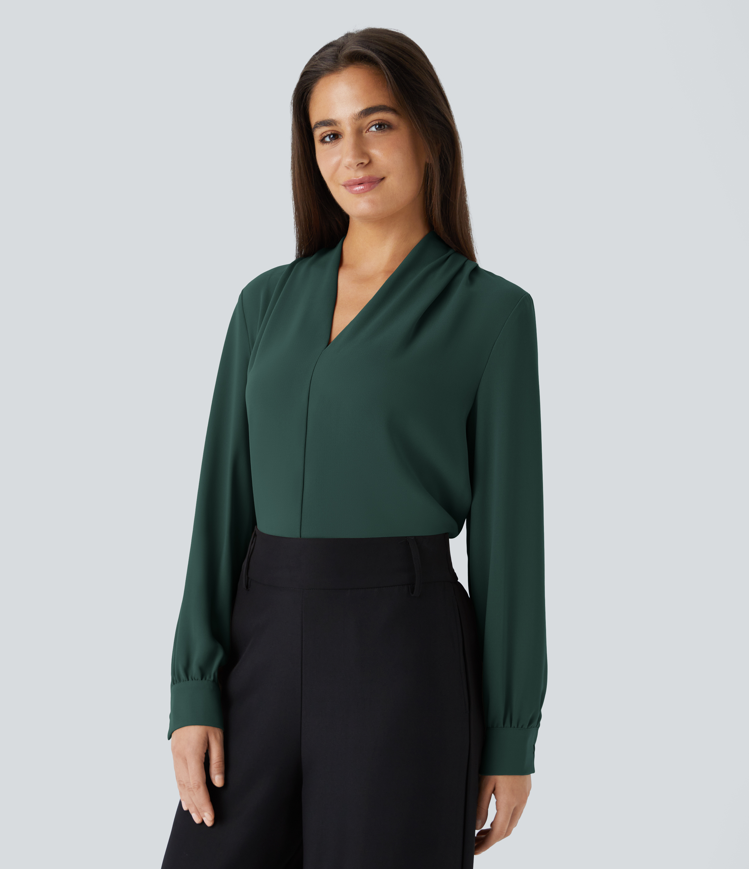 Halara V Neck Long Sleeve Work Blouse  - Karst Green - S 
