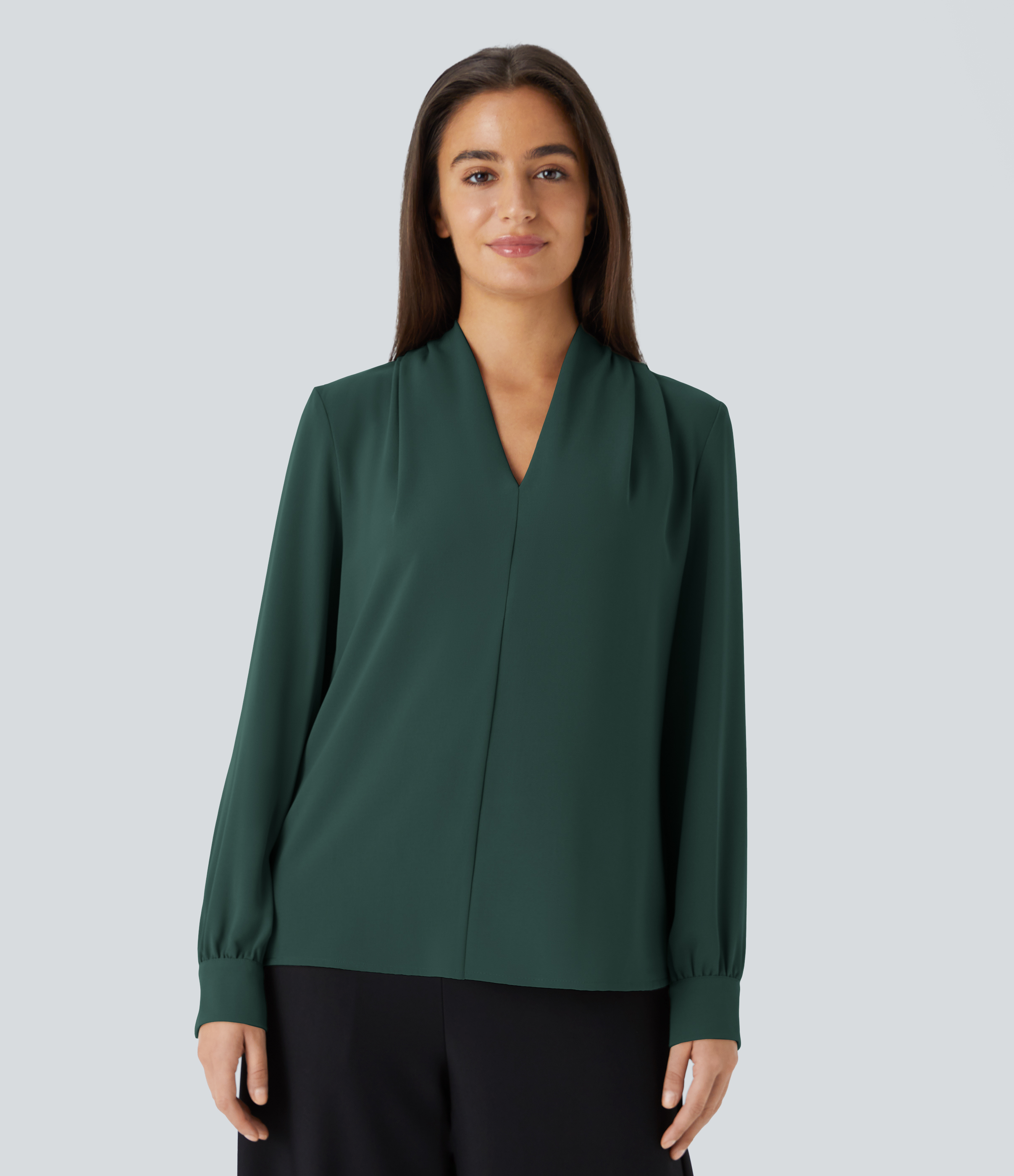 Halara V Neck Long Sleeve Work Blouse  - Karst Green - S 