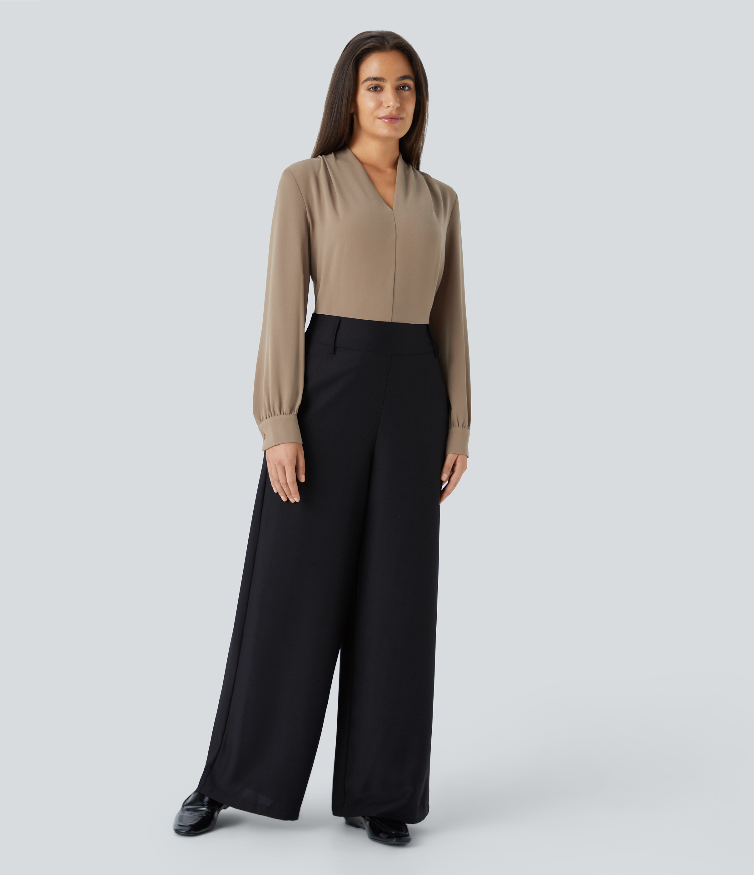Halara V Neck Long Sleeve Work Blouse  - Petrified Oak - M 