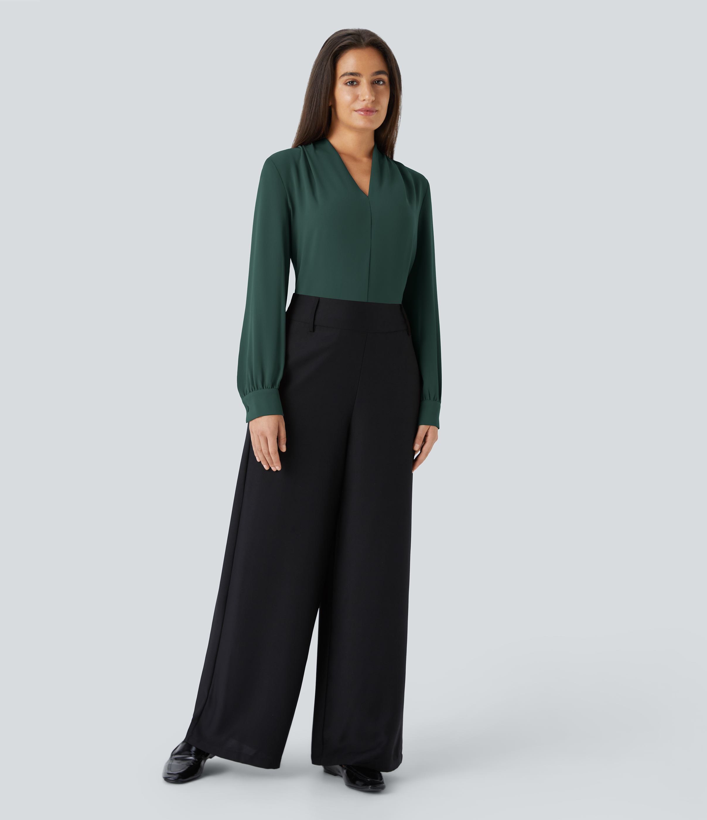 Halara V Neck Long Sleeve Work Blouse  - Karst Green - S 