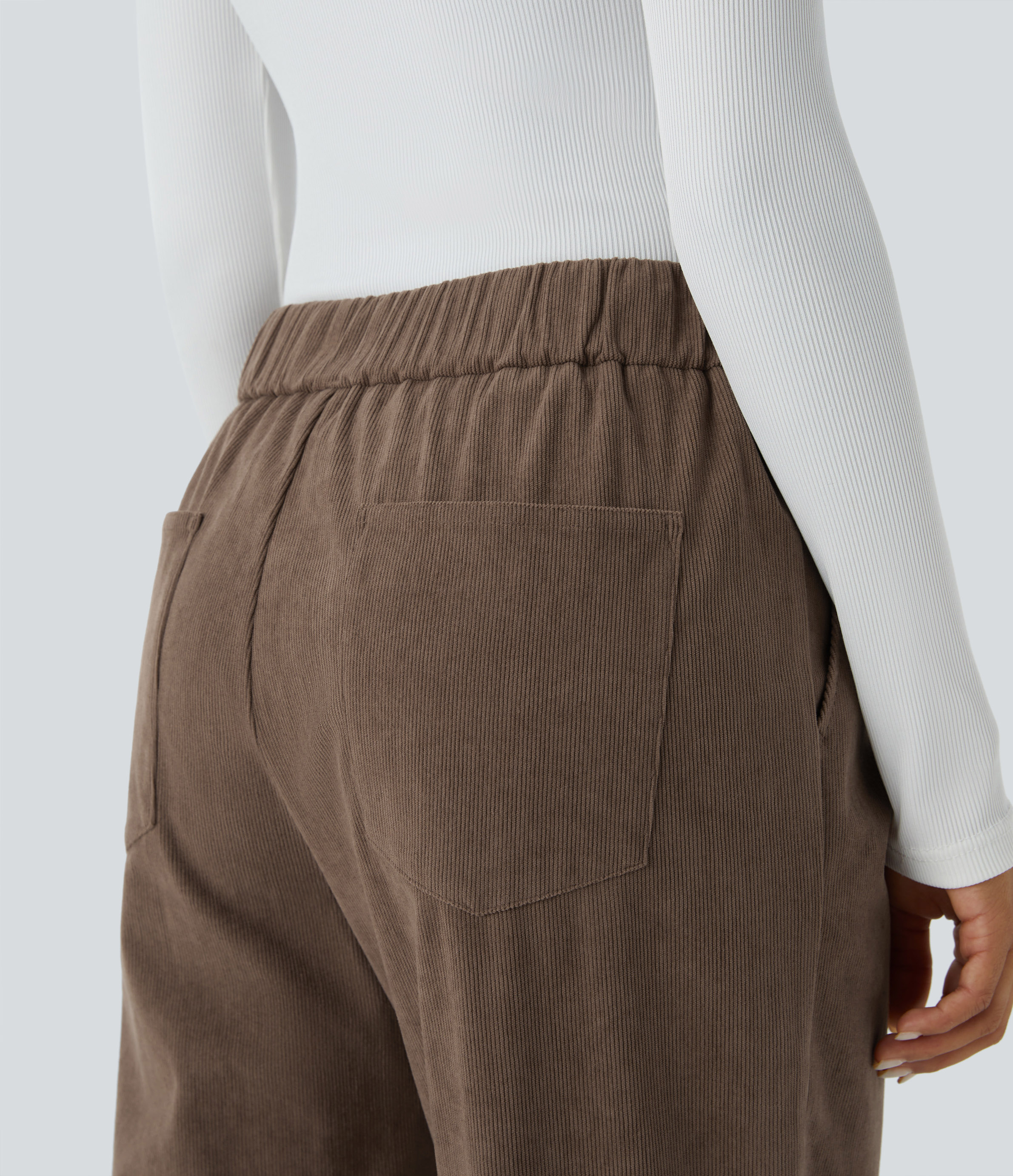 Halara Mid Rise Button Zipper Multiple Pockets Ankle Length Casual Corduroy Pants  - Camellia Brown - XL(regular) sweatpants jogger pants 