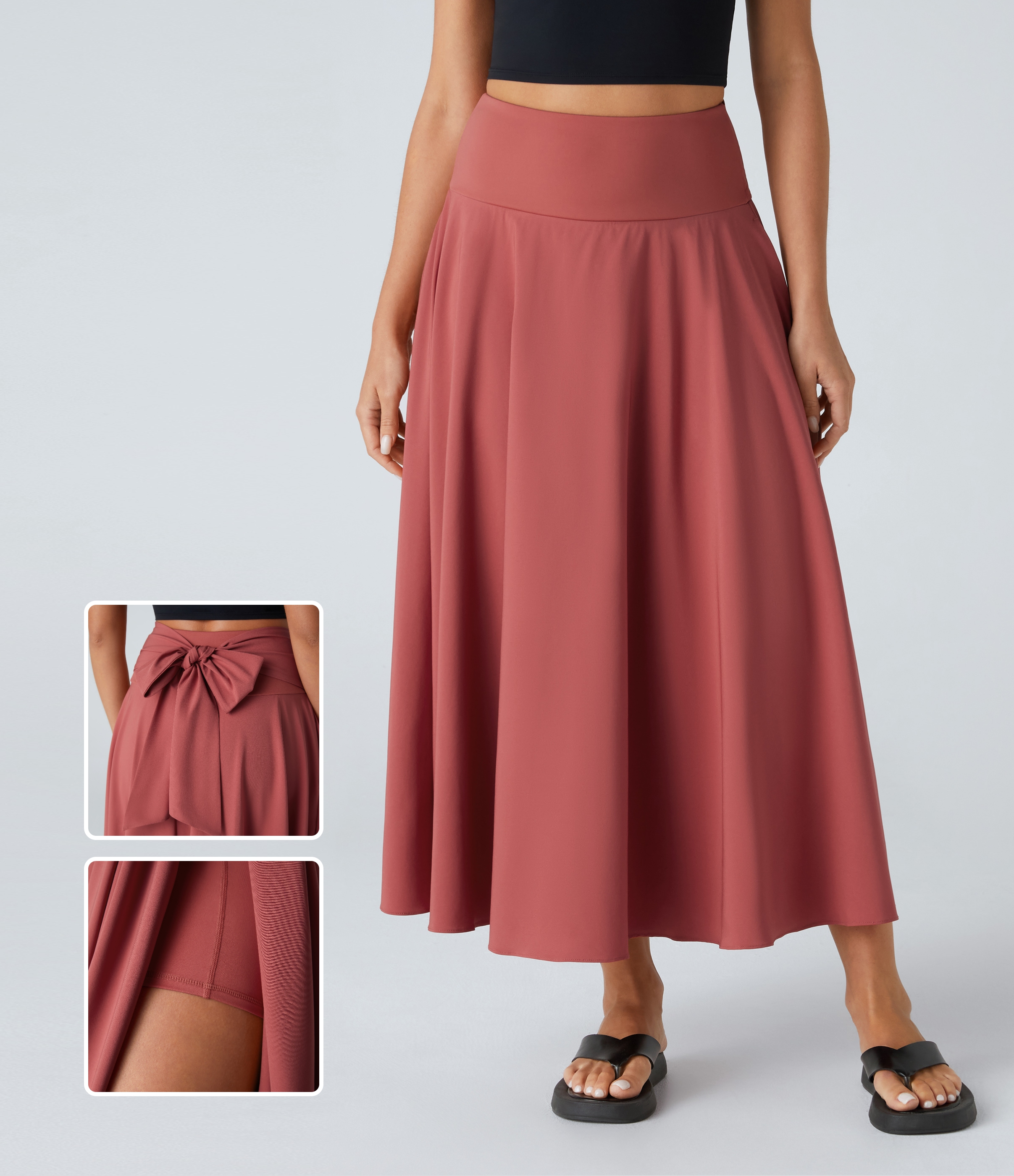 Halara Breezefulв„ў High Waisted Tie Back Side Pocket 2-in-1 Flowy Quick Dry Midi Casual Skirt  - Kapok Red - XS(regular) 