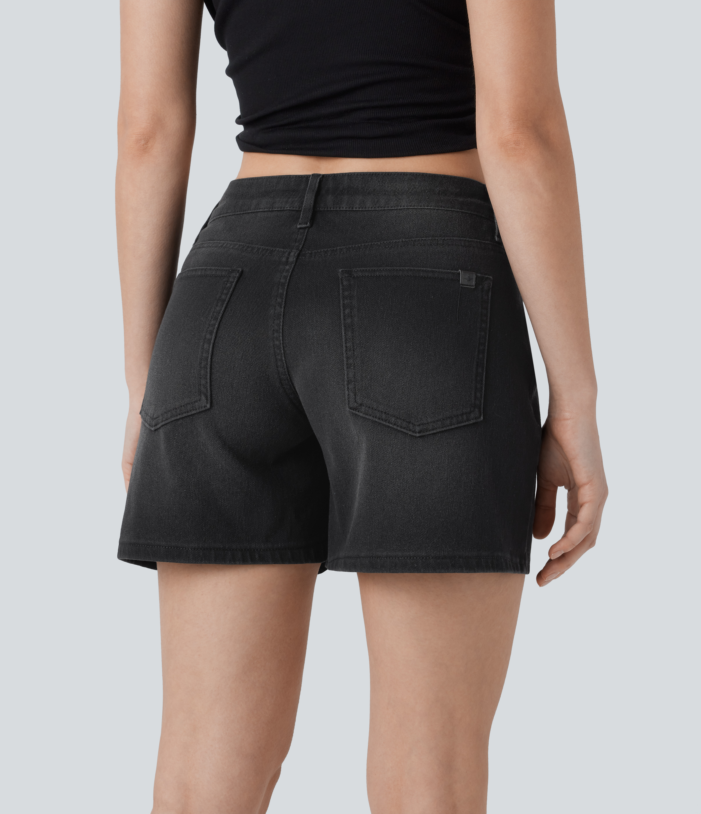 Deep Ink Black Denim Pantalón corto Halara Flex™ Denim mezclilla elástico lavado múltiple bolsillo tiro bajo asimétrico / 2