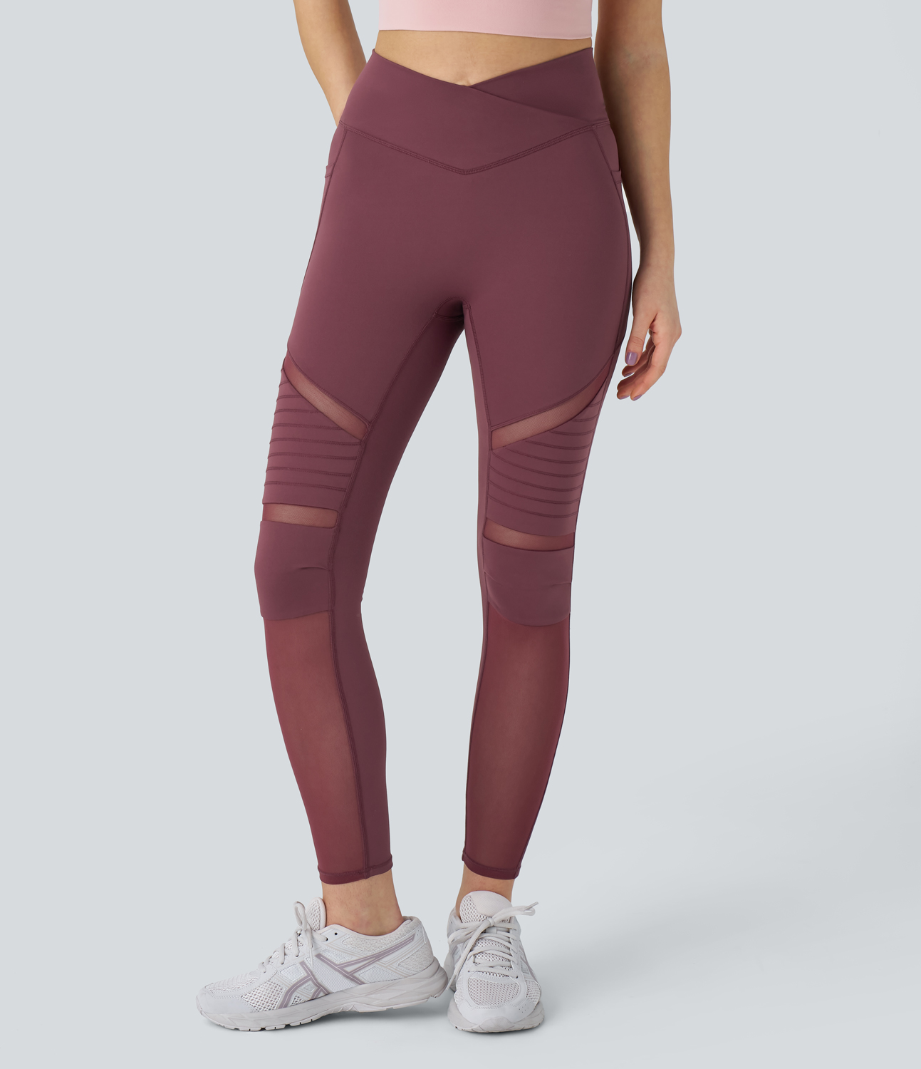 Halara Crossover High Waisted Side Pocket Contrast Mesh Top-stitching Yoga Leggings  - Red Mahogany - S(7/8) gym leggings 