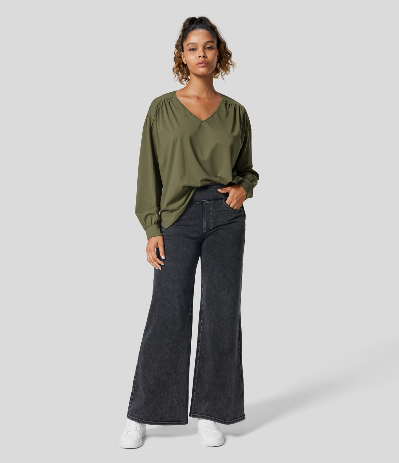 Halara V Neck Long Sleeve Plicated Split Casual Blouse  - Capulet Olive - M 