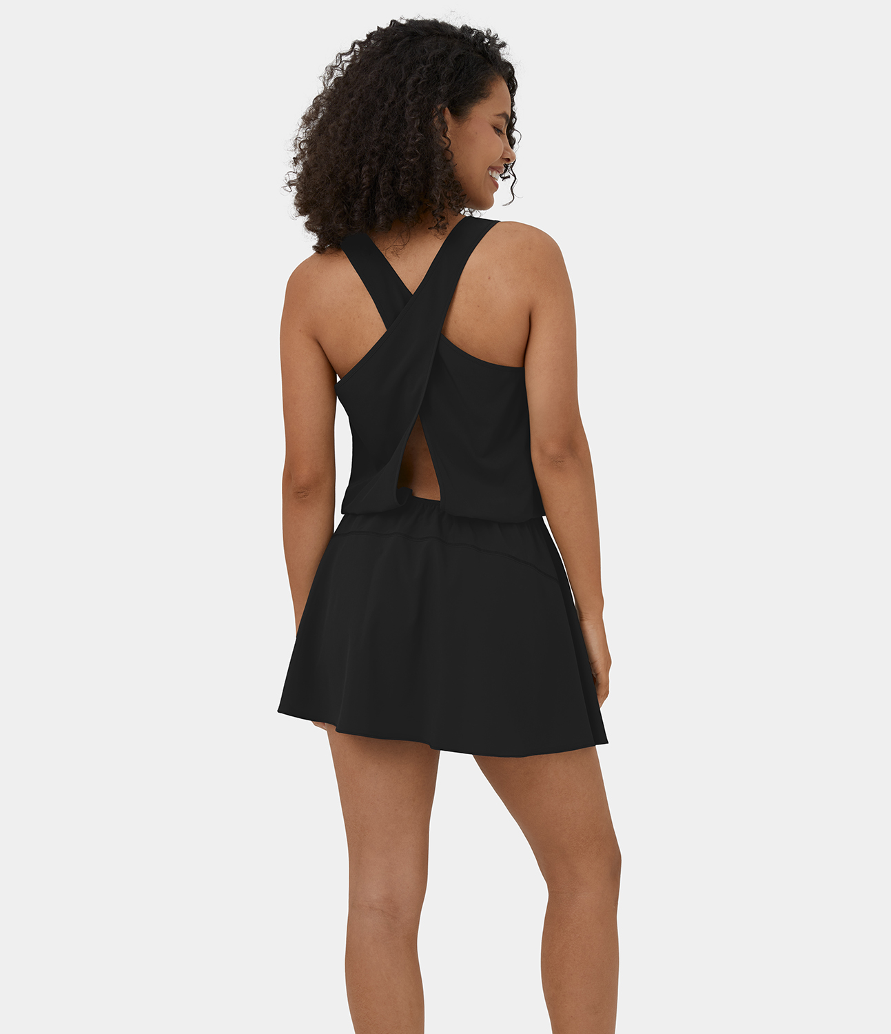 Halara Breezefulв„ў U Neck Backless Crossover Cut Out Plicated Flare Flowy Mini Quick Dry Casual Dress Casual Dress - Black - XL slip dress 