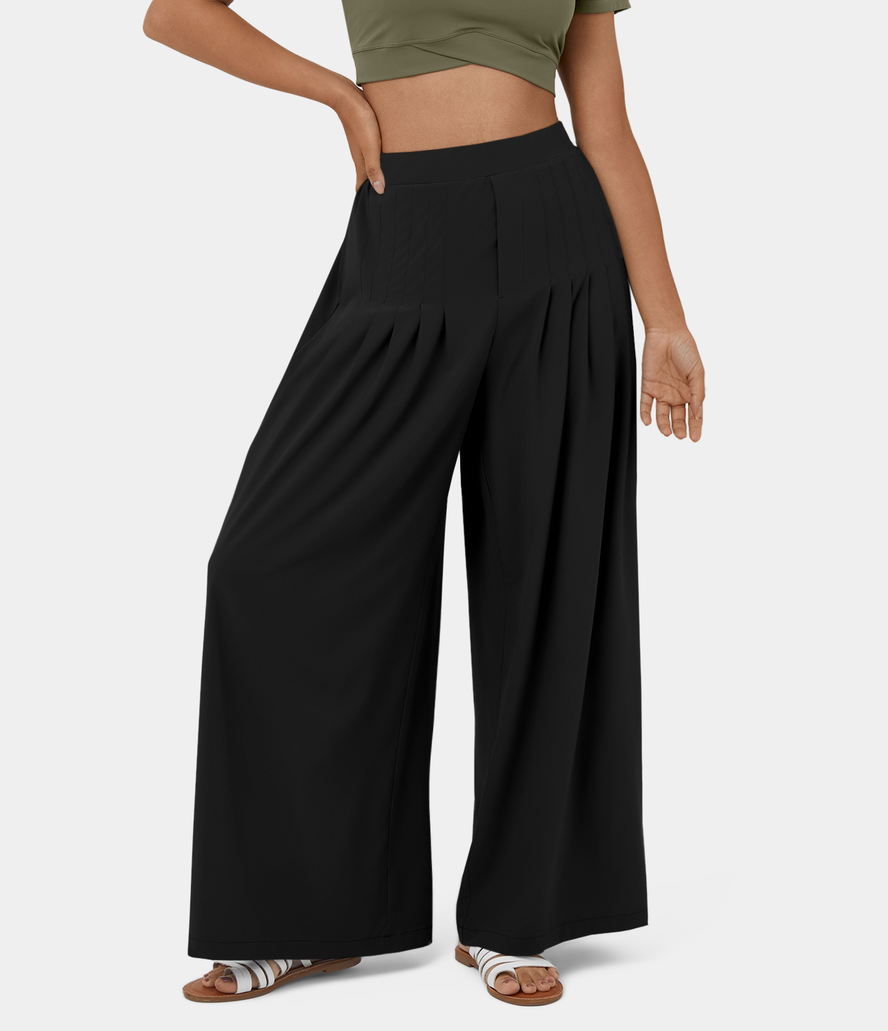 Halara Breezefulв„ў Mid Rise Pleated Side Pocket Plain Wide Leg Flowy Quick Dry Casual Pants  - Black - XL(regular) 