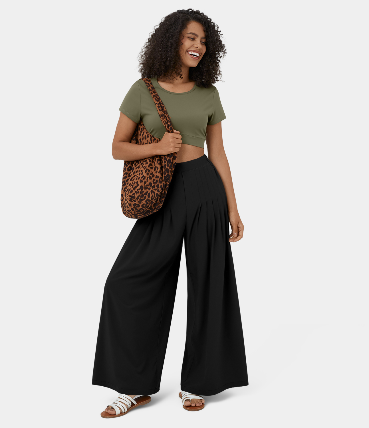 Halara Breezefulв„ў Mid Rise Pleated Side Pocket Plain Wide Leg Flowy Quick Dry Casual Pants  - Black - XL(regular) 