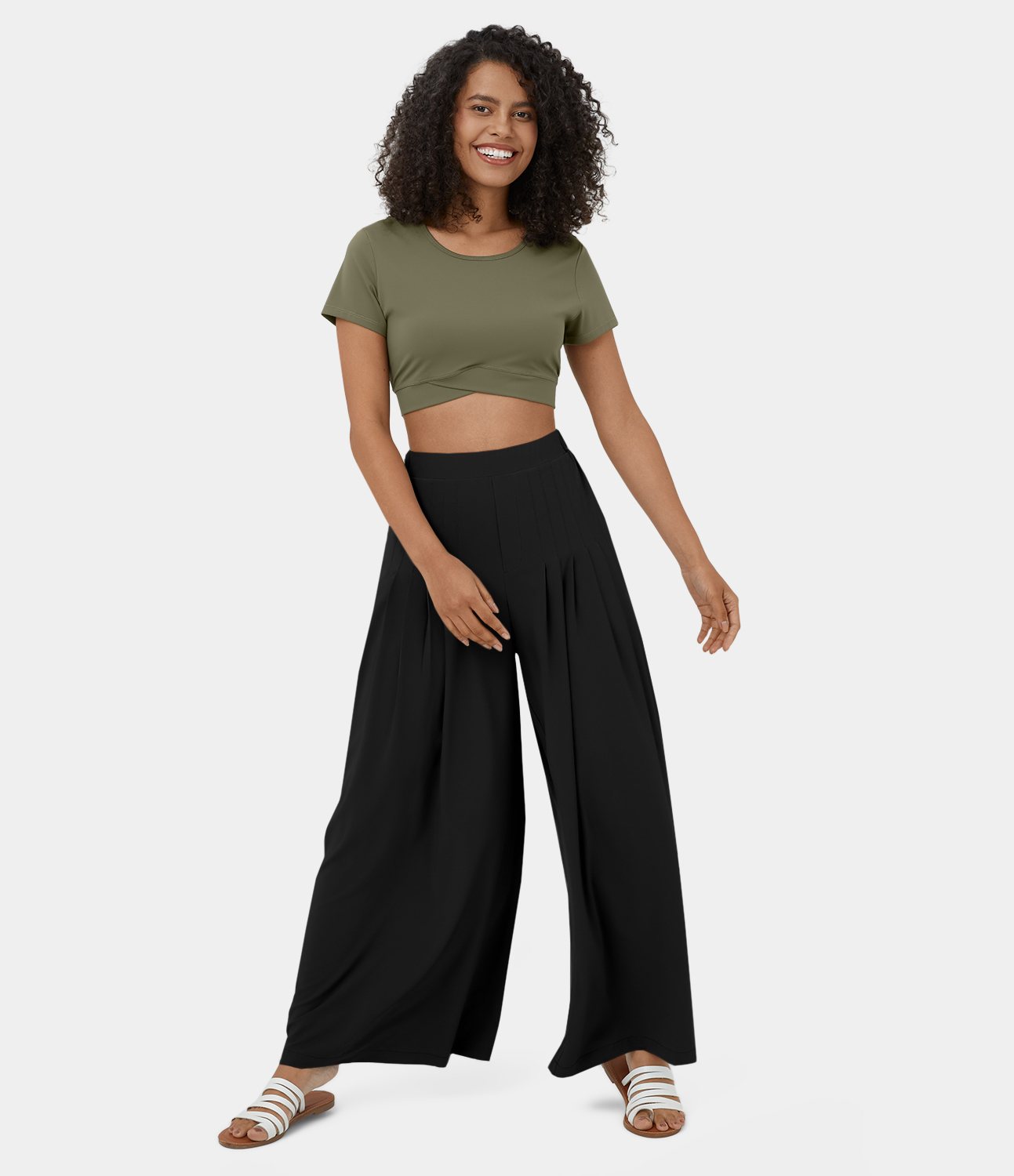 Halara Breezefulв„ў Mid Rise Pleated Side Pocket Plain Wide Leg Flowy Quick Dry Casual Pants  - Black - XL(regular) 