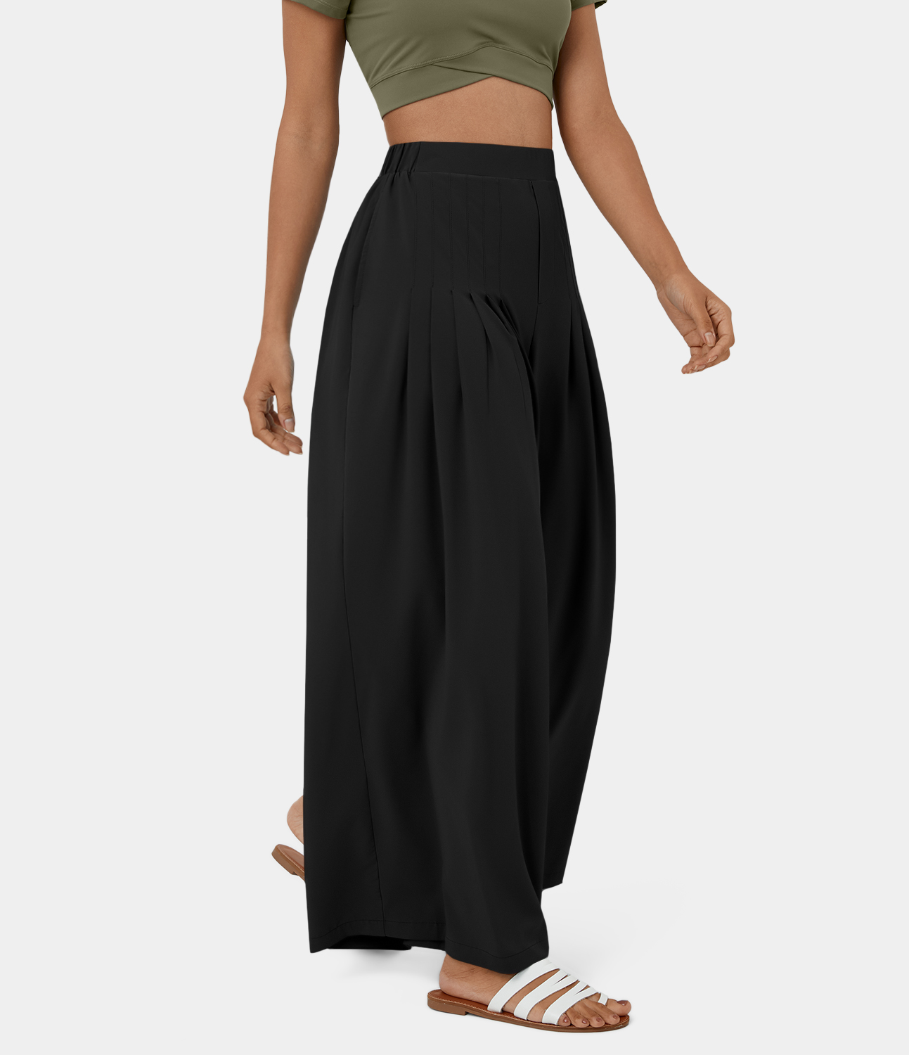 Halara Breezefulв„ў Mid Rise Pleated Side Pocket Plain Wide Leg Flowy Quick Dry Casual Pants  - Black - XL(regular) 