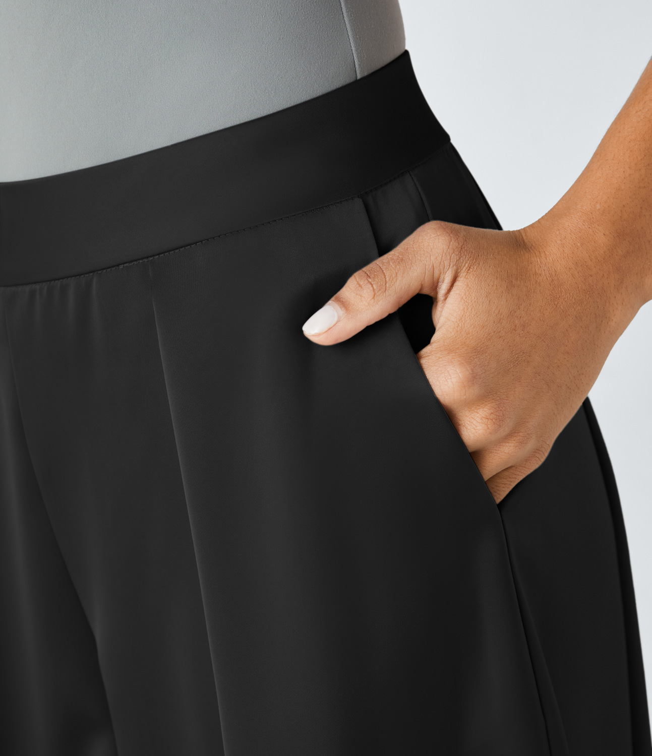 Halara High Waisted Plicated Invisible Zipper Side Pocket Wide Leg Satin-Like Casual Pants  - Black - S(regular) sweatpants jogger pants 