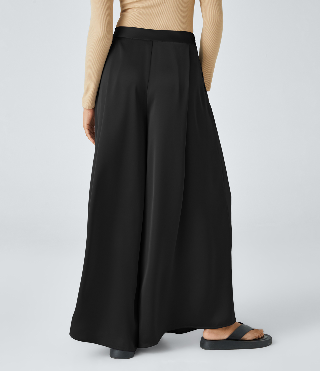 Halara High Waisted Plicated Invisible Zipper Side Pocket Wide Leg Satin-Like Casual Pants  - Black - S(regular) sweatpants jogger pants 